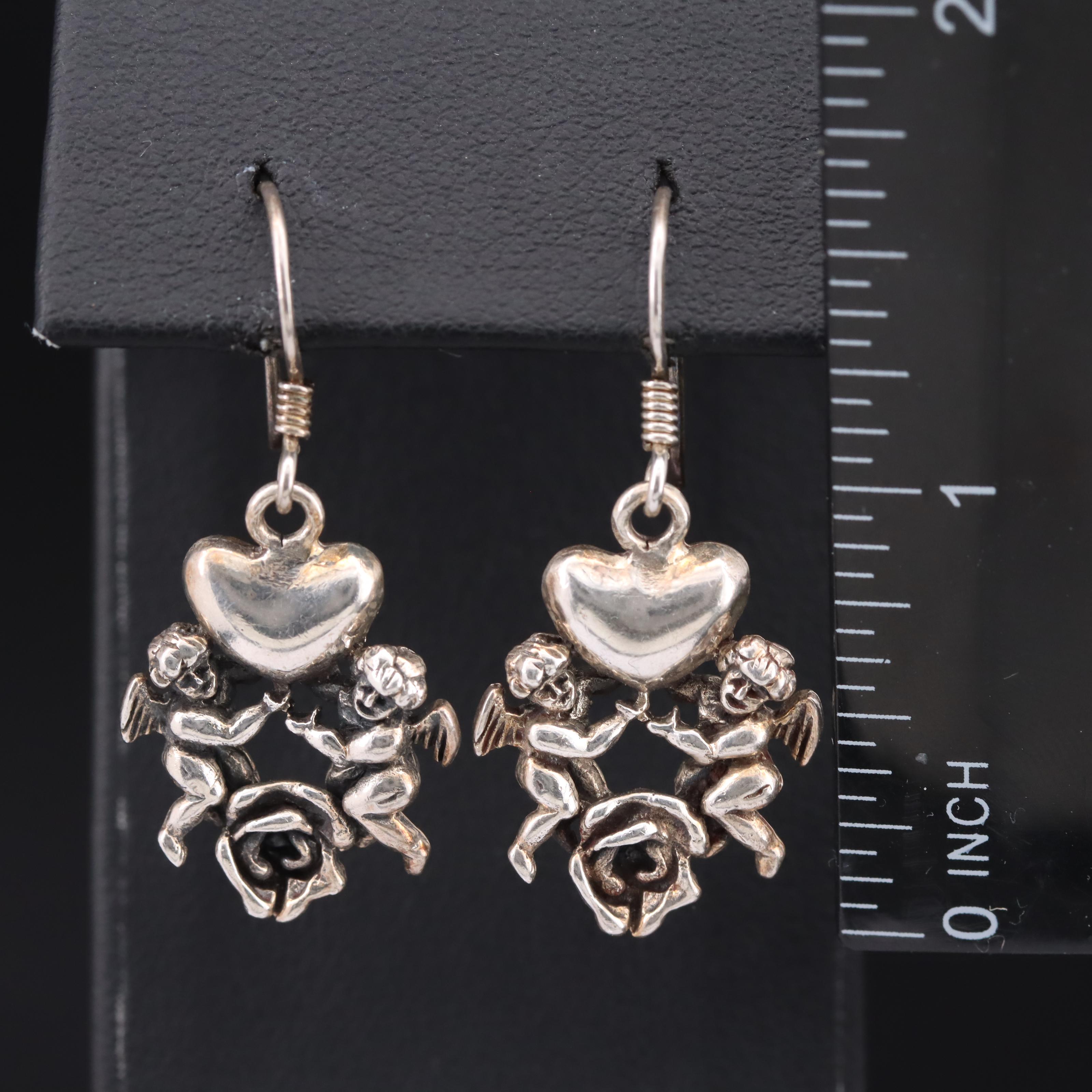 Sterling Cupid, Heart and Rose Earrings