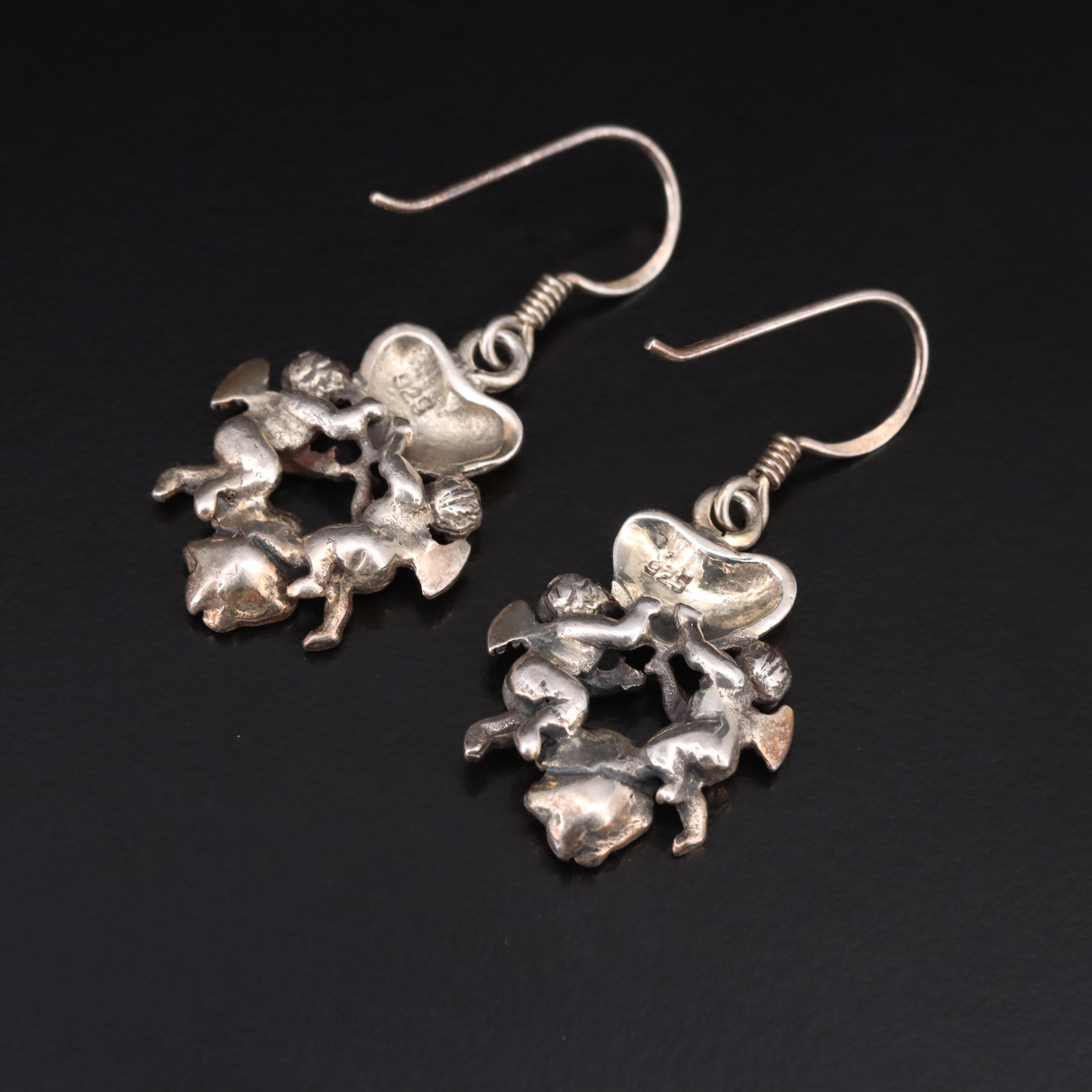 Sterling Cupid, Heart and Rose Earrings