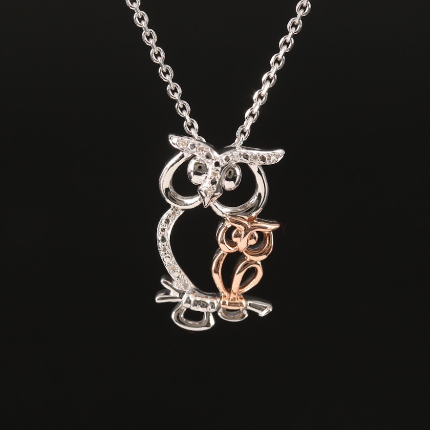 Sterling Diamond Double Owl Pendant Necklace with 10K Accent