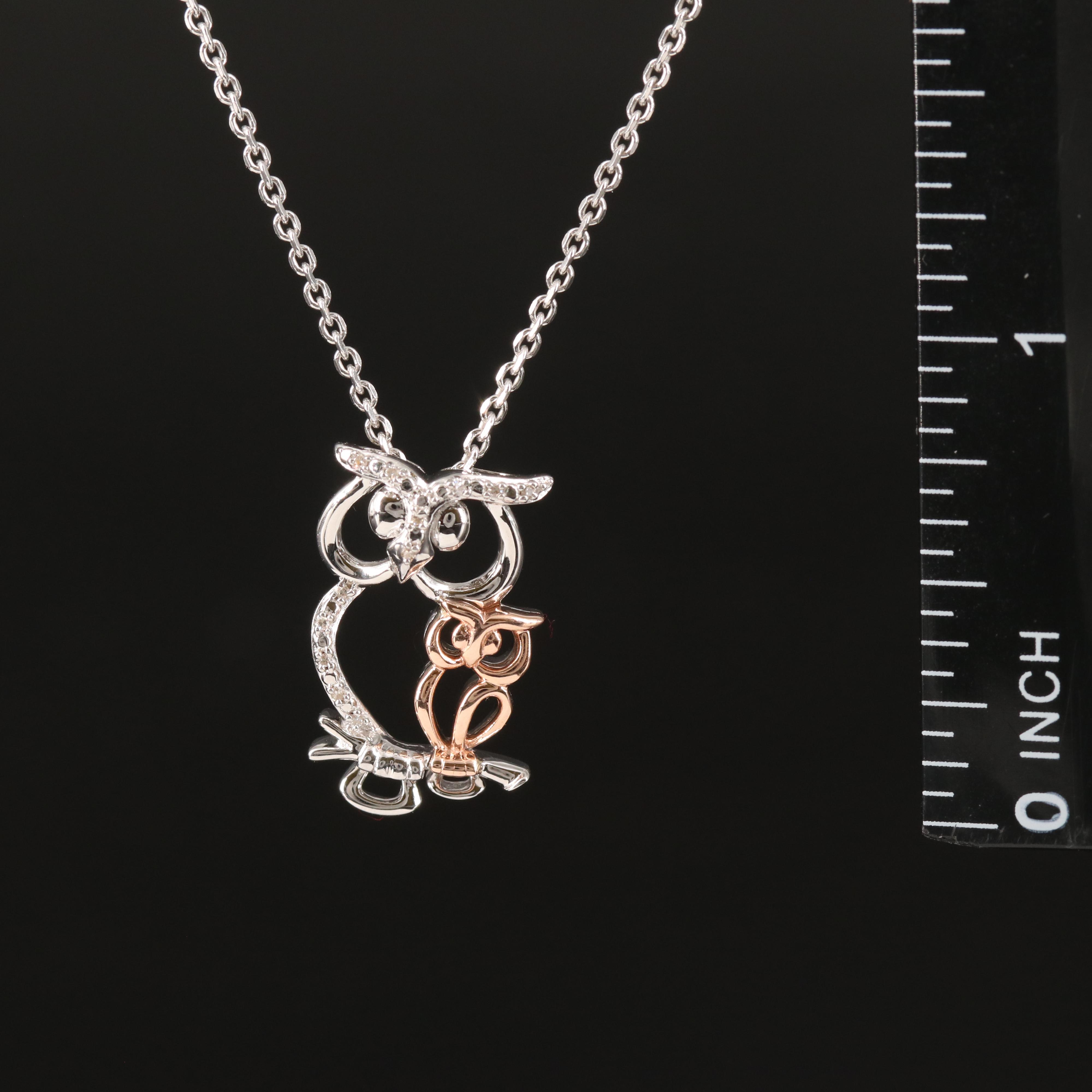Sterling Diamond Double Owl Pendant Necklace with 10K Accent