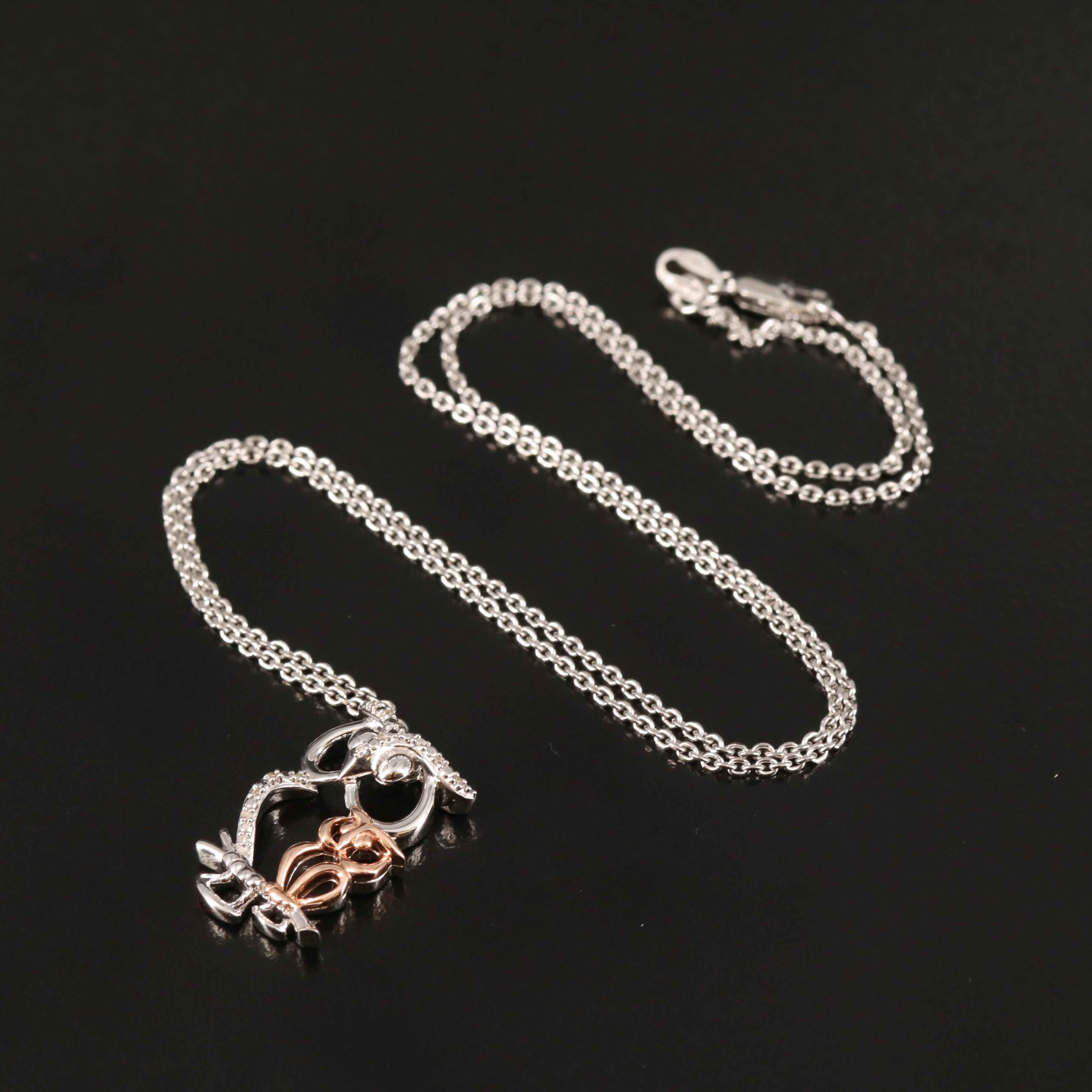 Sterling Diamond Double Owl Pendant Necklace with 10K Accent