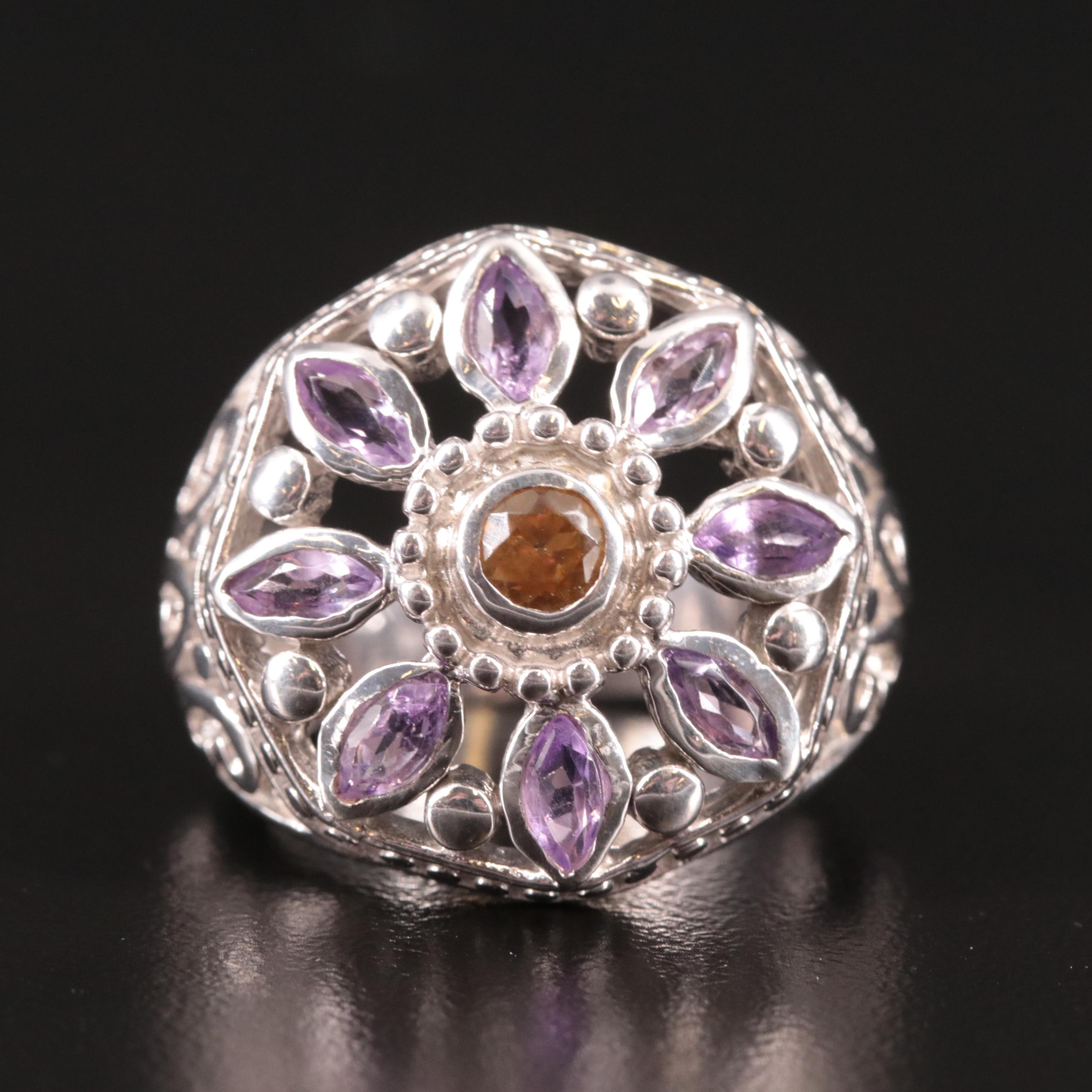 Sterling Citrine and Amethyst Tapered Flower Ring