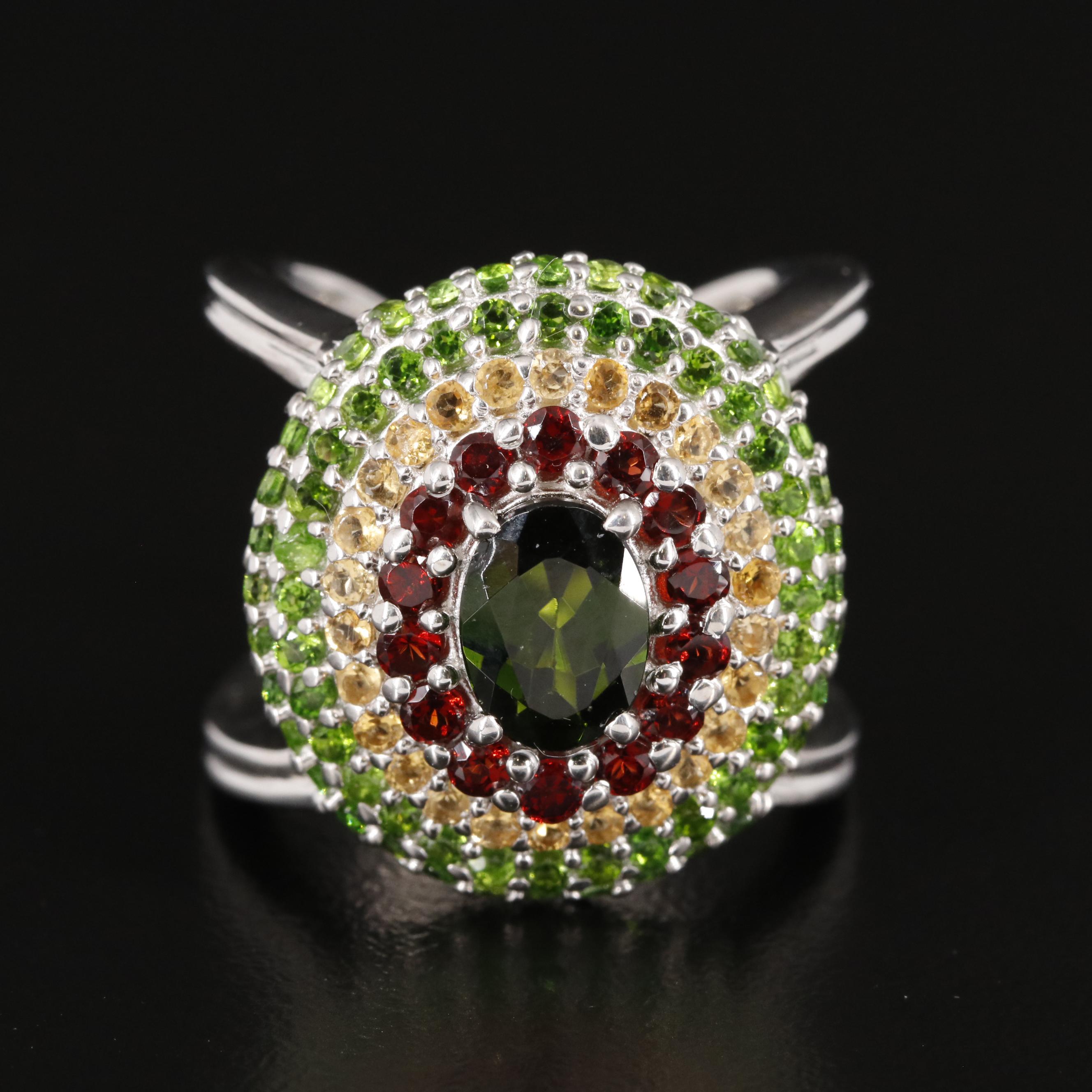 Sterling Diopside, Garnet and Citrine Open Shank Ring