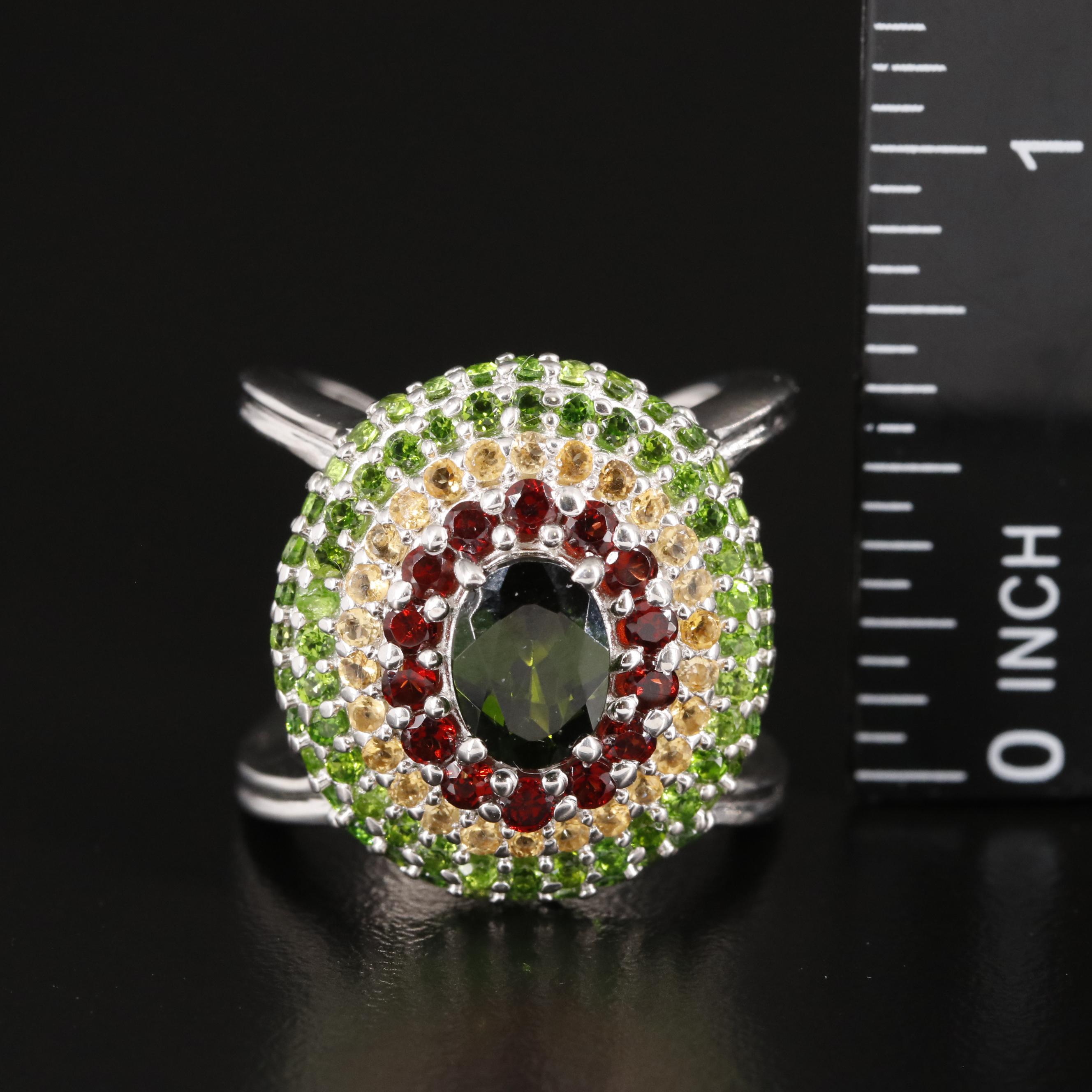 Sterling Diopside, Garnet and Citrine Open Shank Ring