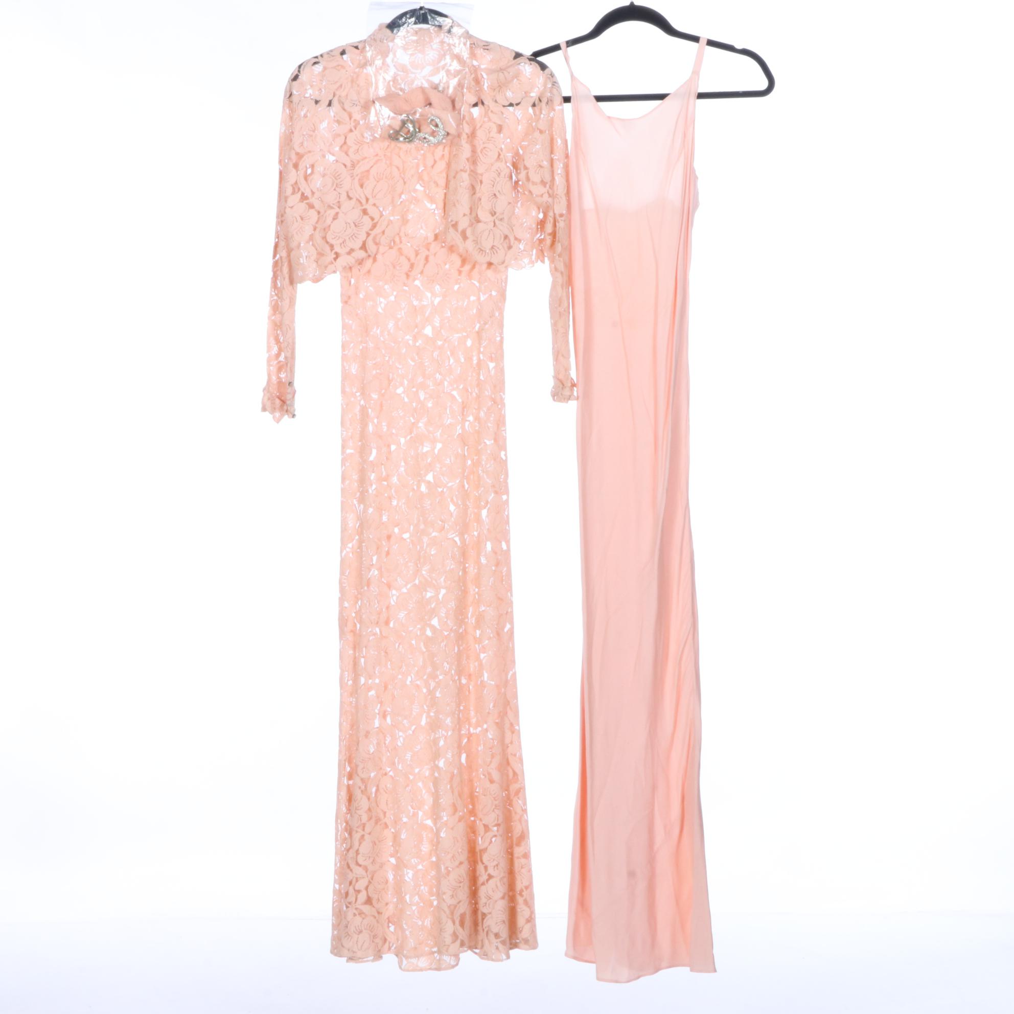 Bias Cut Slip Dresses with Fitted Lace Overdresses, 1930s