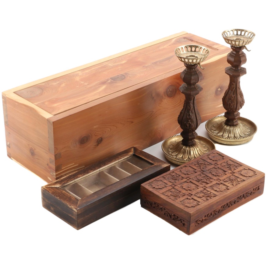 Assorted Decorative Wooden Boxes and Pair of Villy Candlesticks