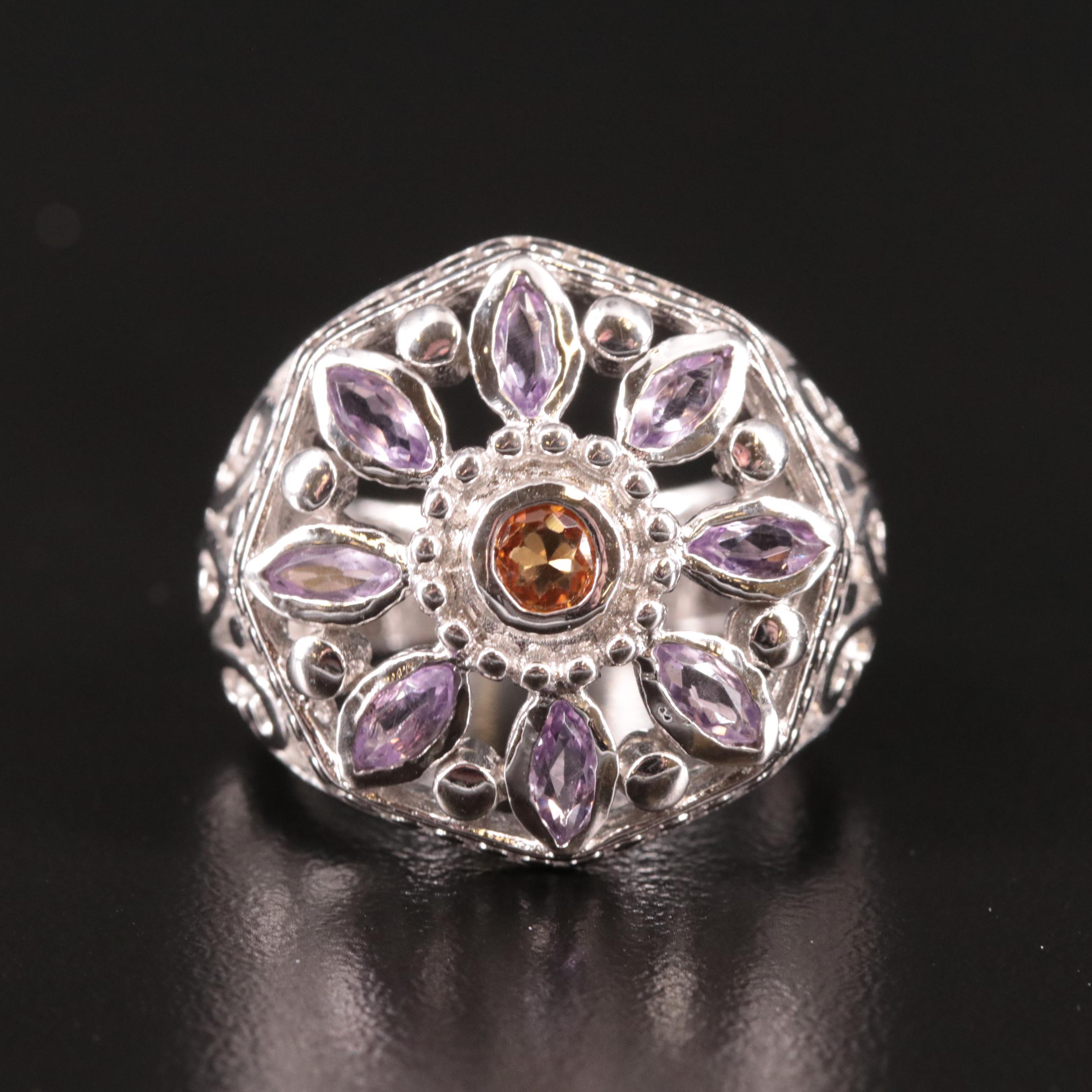 Sterling Citrine and Amethyst Flower Ring