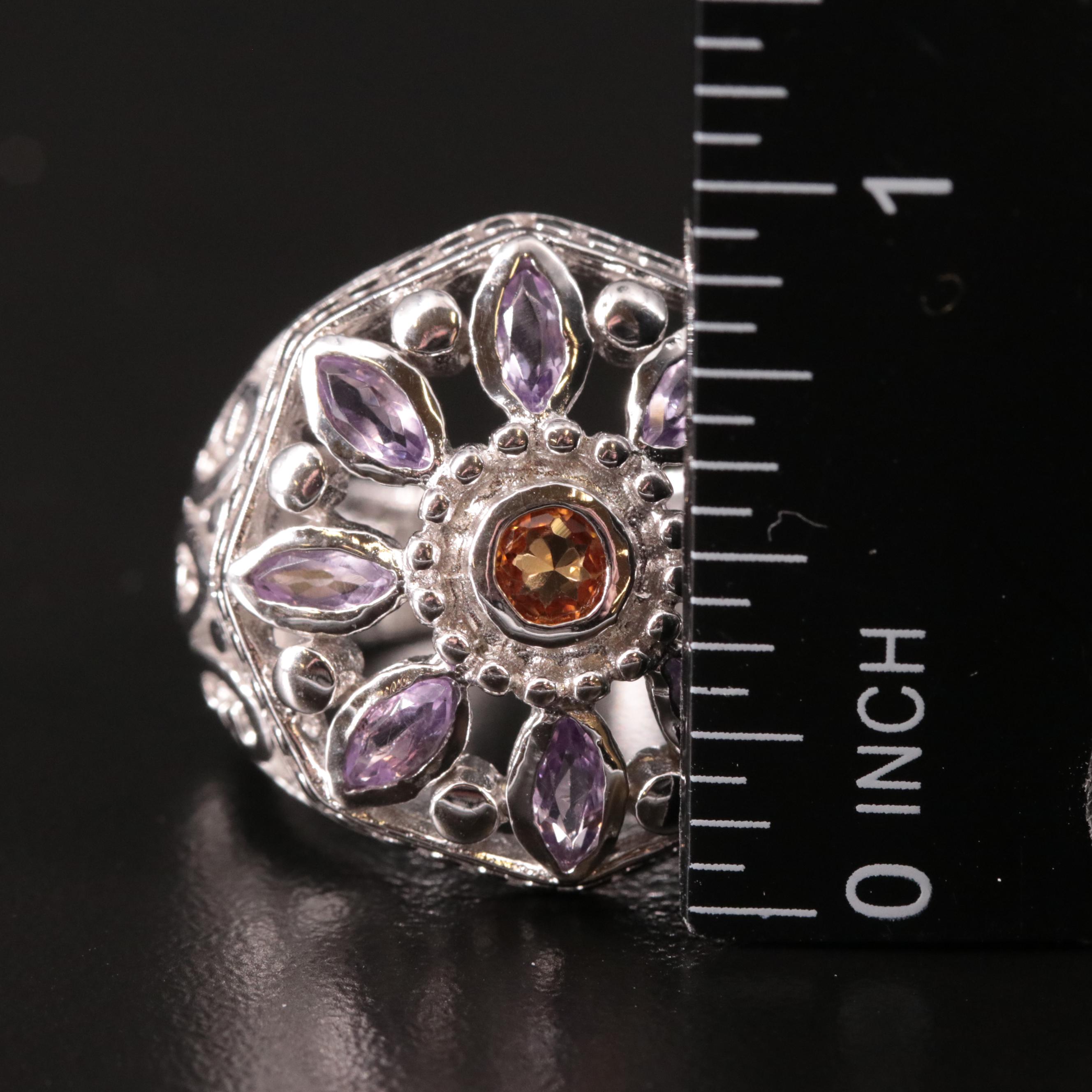 Sterling Citrine and Amethyst Flower Ring