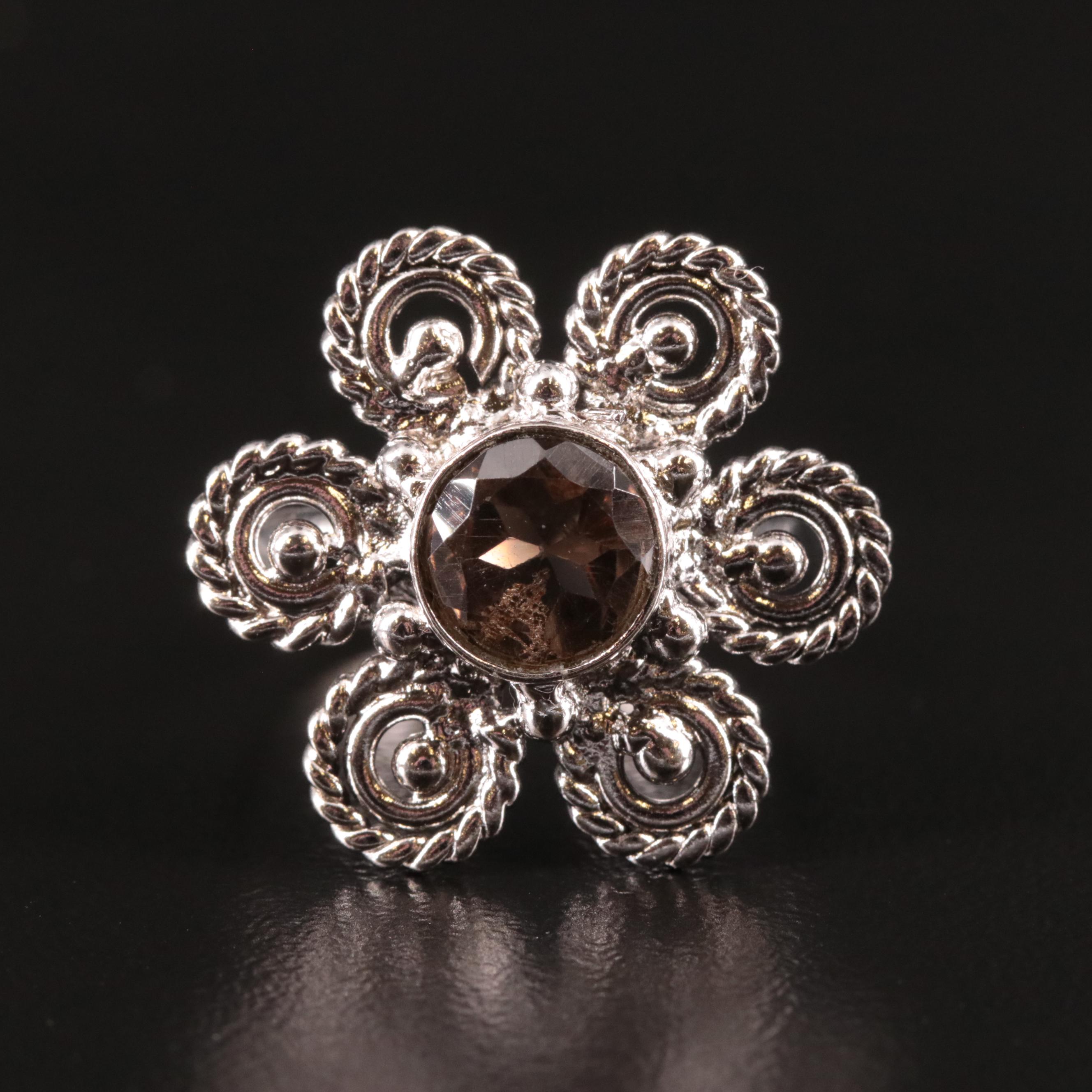 Sterling Smoky Quartz Flower Ring