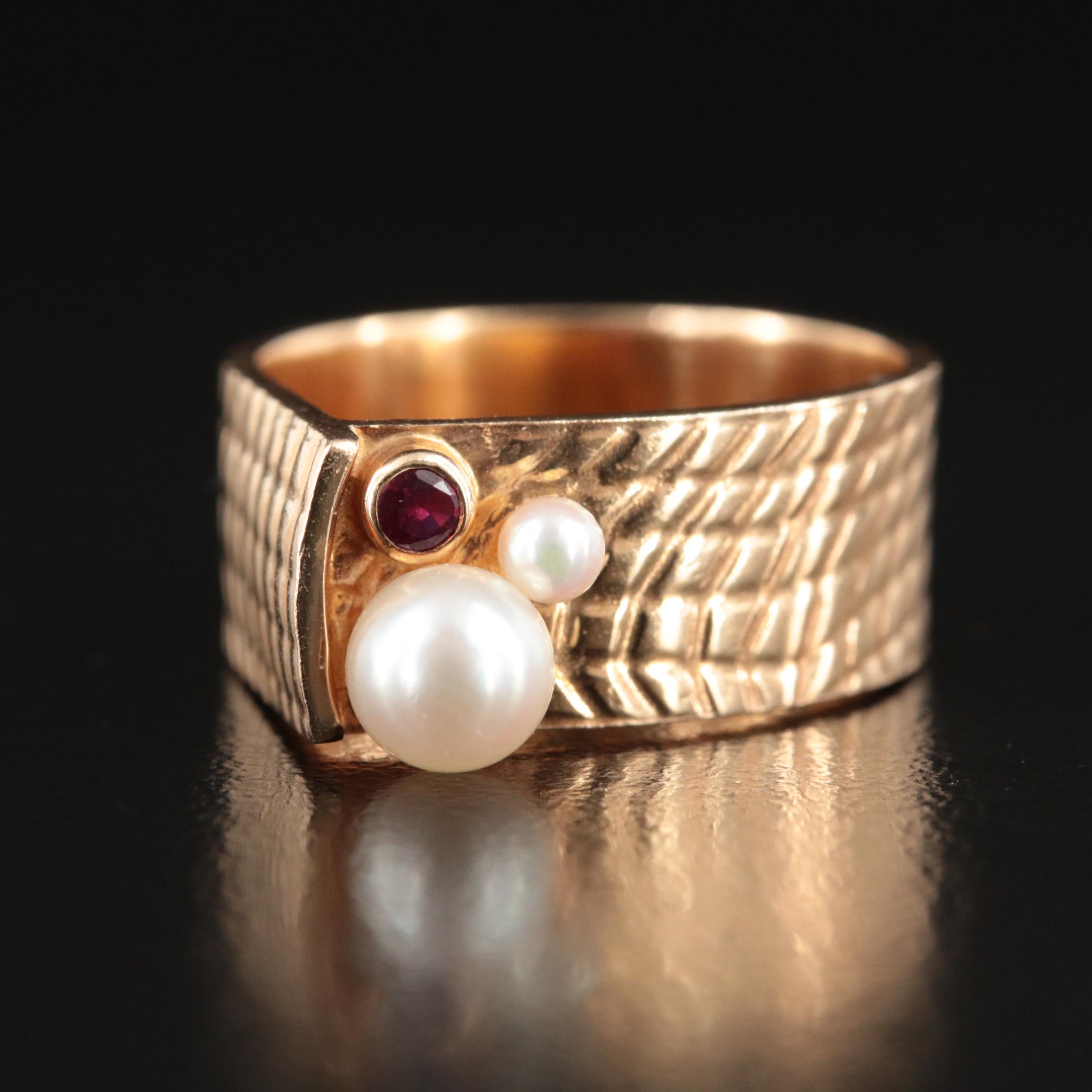 Contemporary 14K Pearl and Ruby Ring