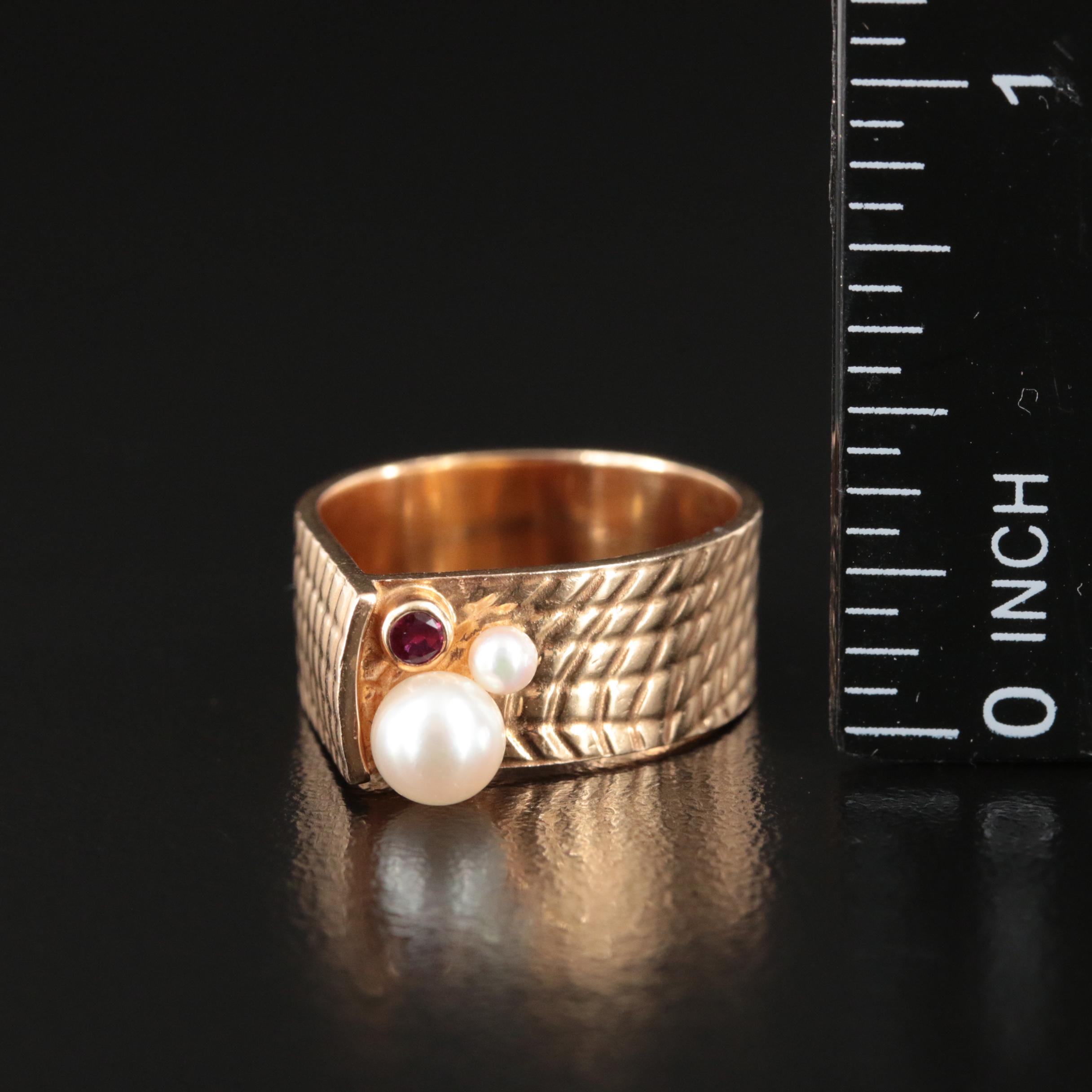 Contemporary 14K Pearl and Ruby Ring