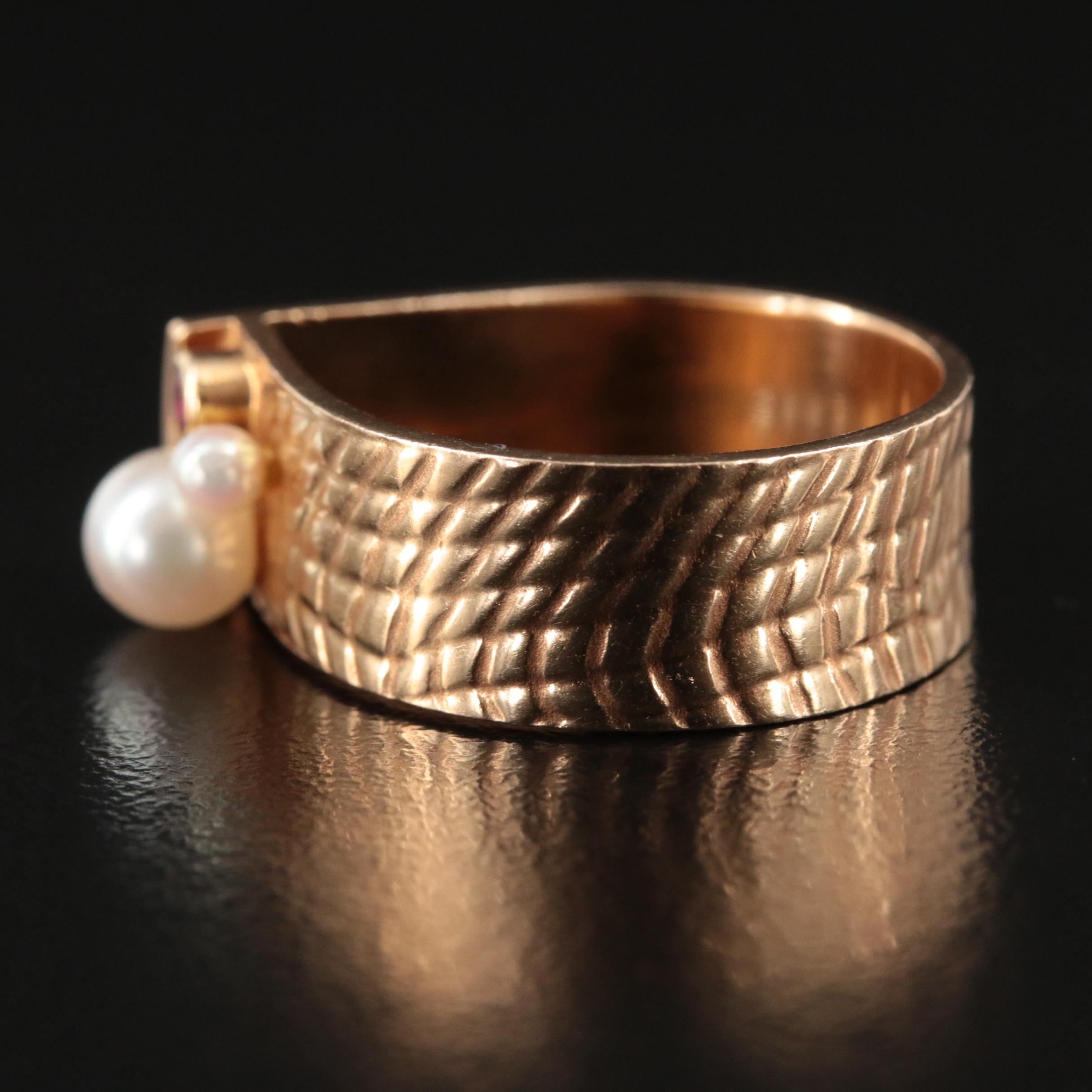Contemporary 14K Pearl and Ruby Ring