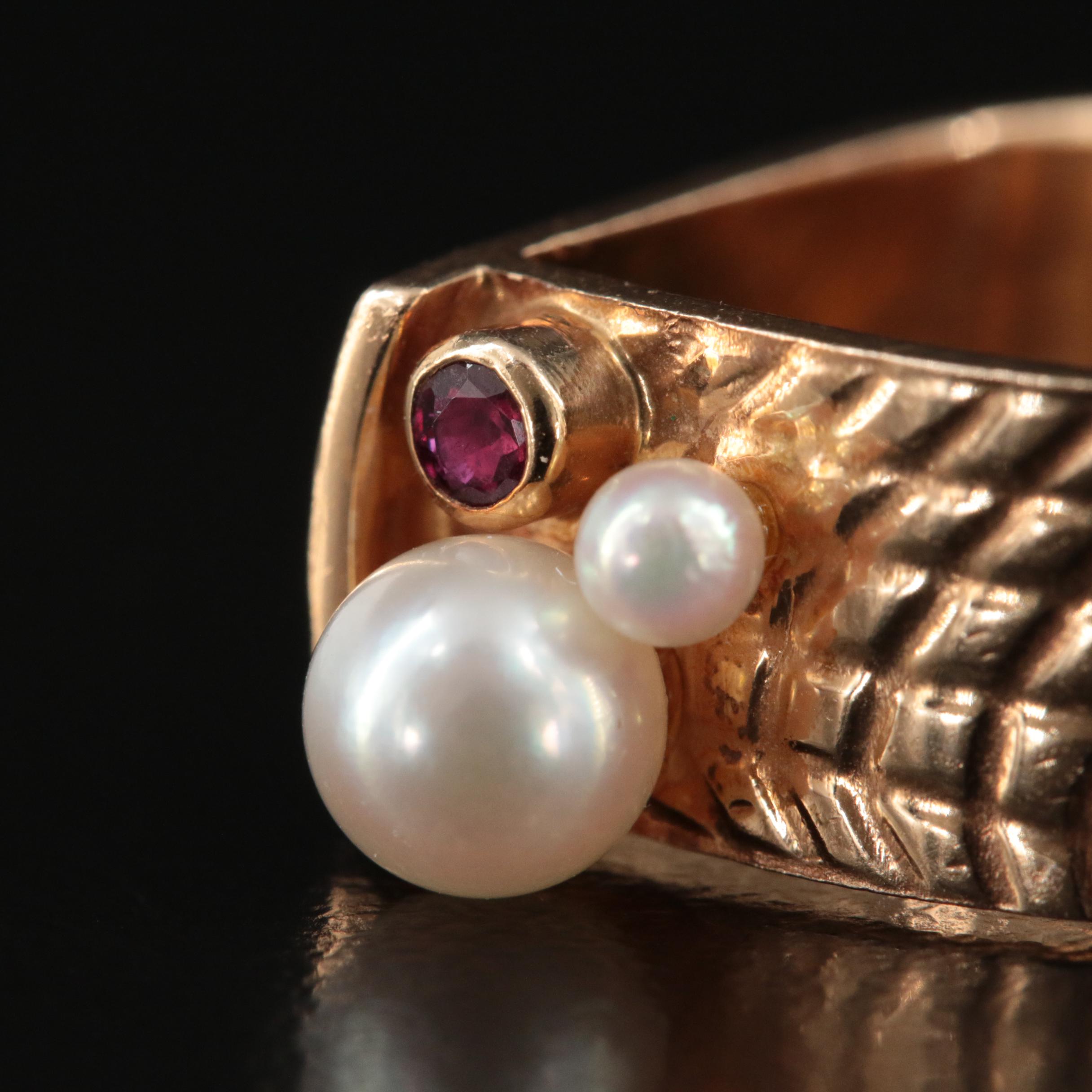 Contemporary 14K Pearl and Ruby Ring