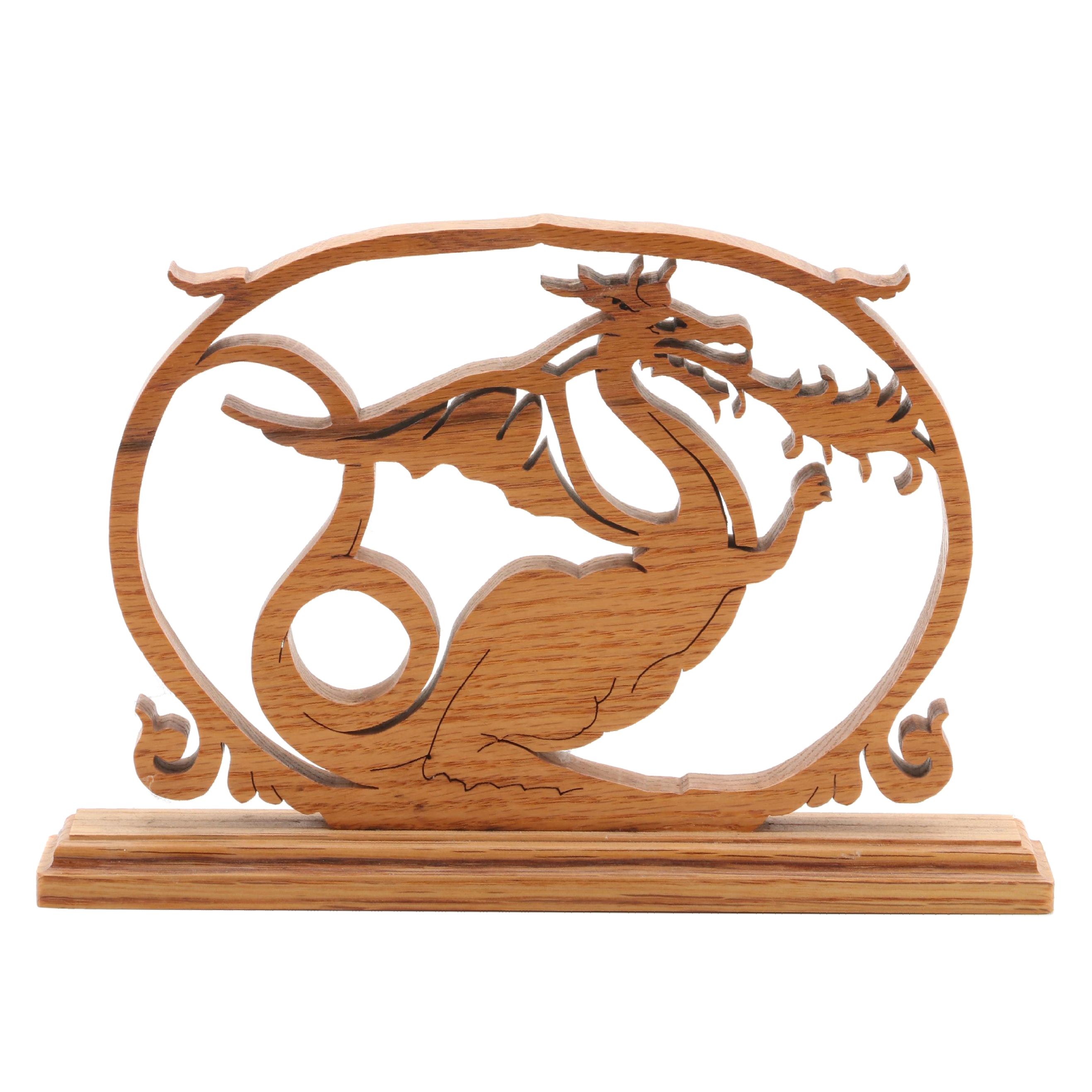 Scroll-Cut Oak Dragon Plaque