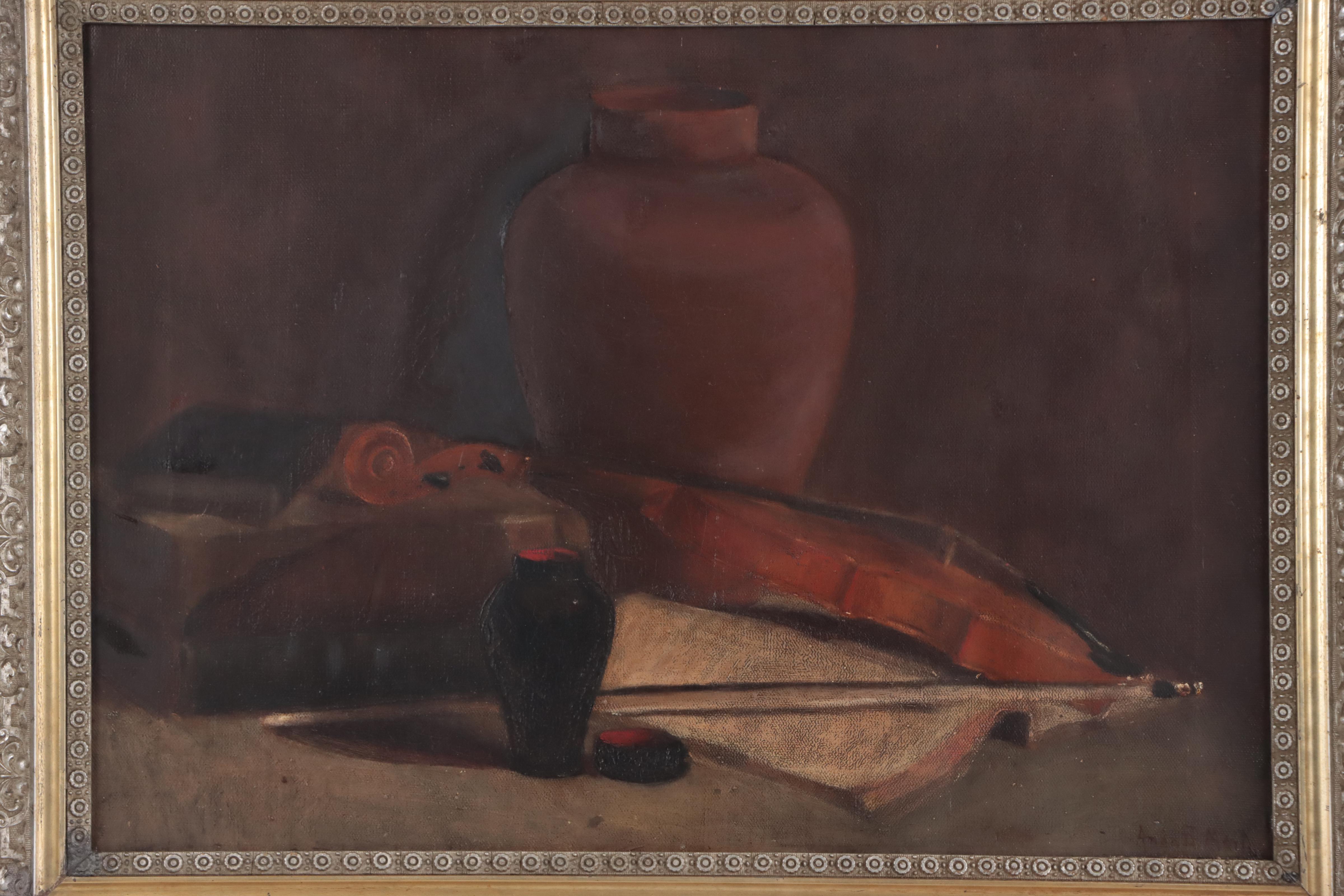 Anna B. Martin Still Life Oil Painting of Vessels and Violin, Late 19th Century