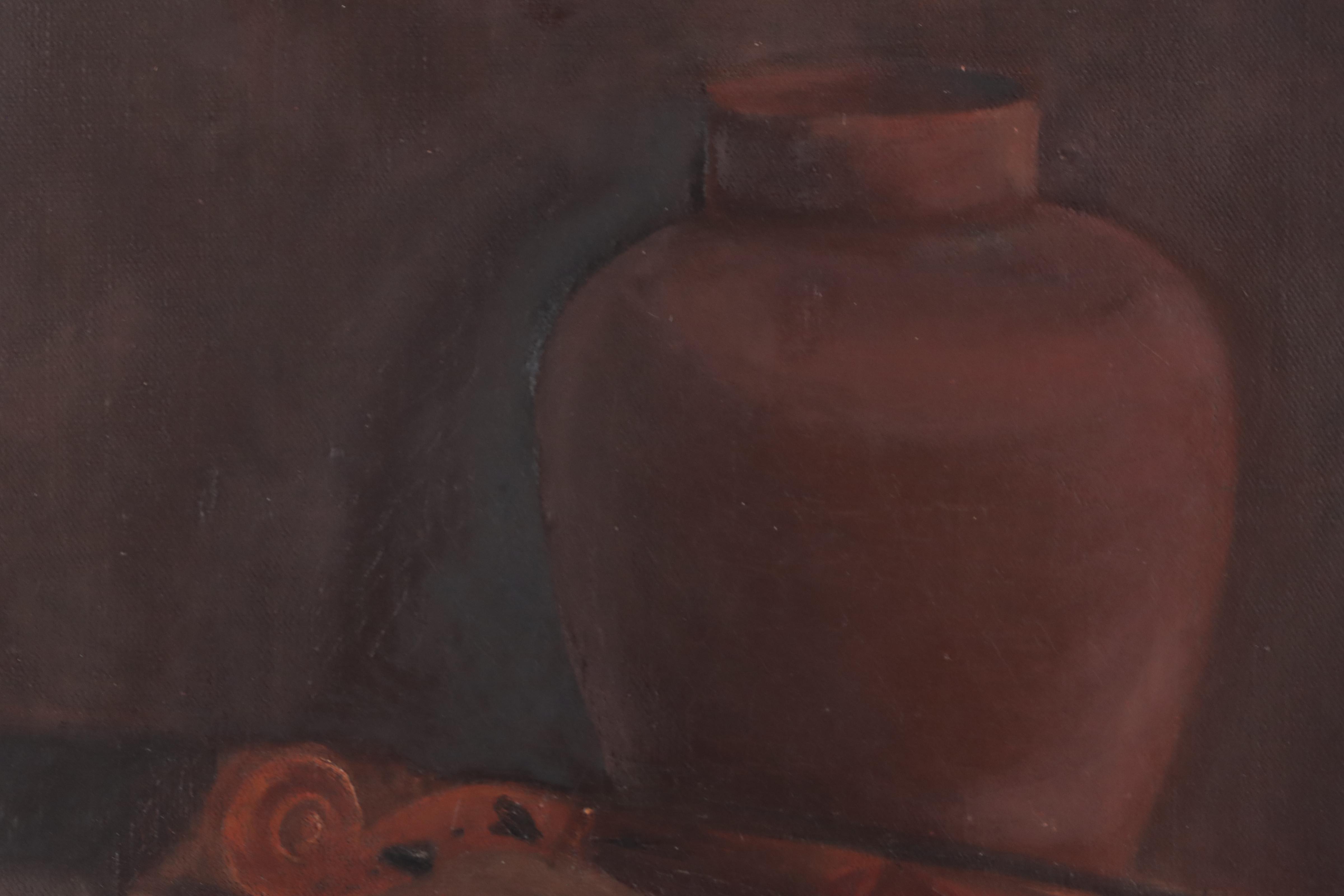 Anna B. Martin Still Life Oil Painting of Vessels and Violin, Late 19th Century