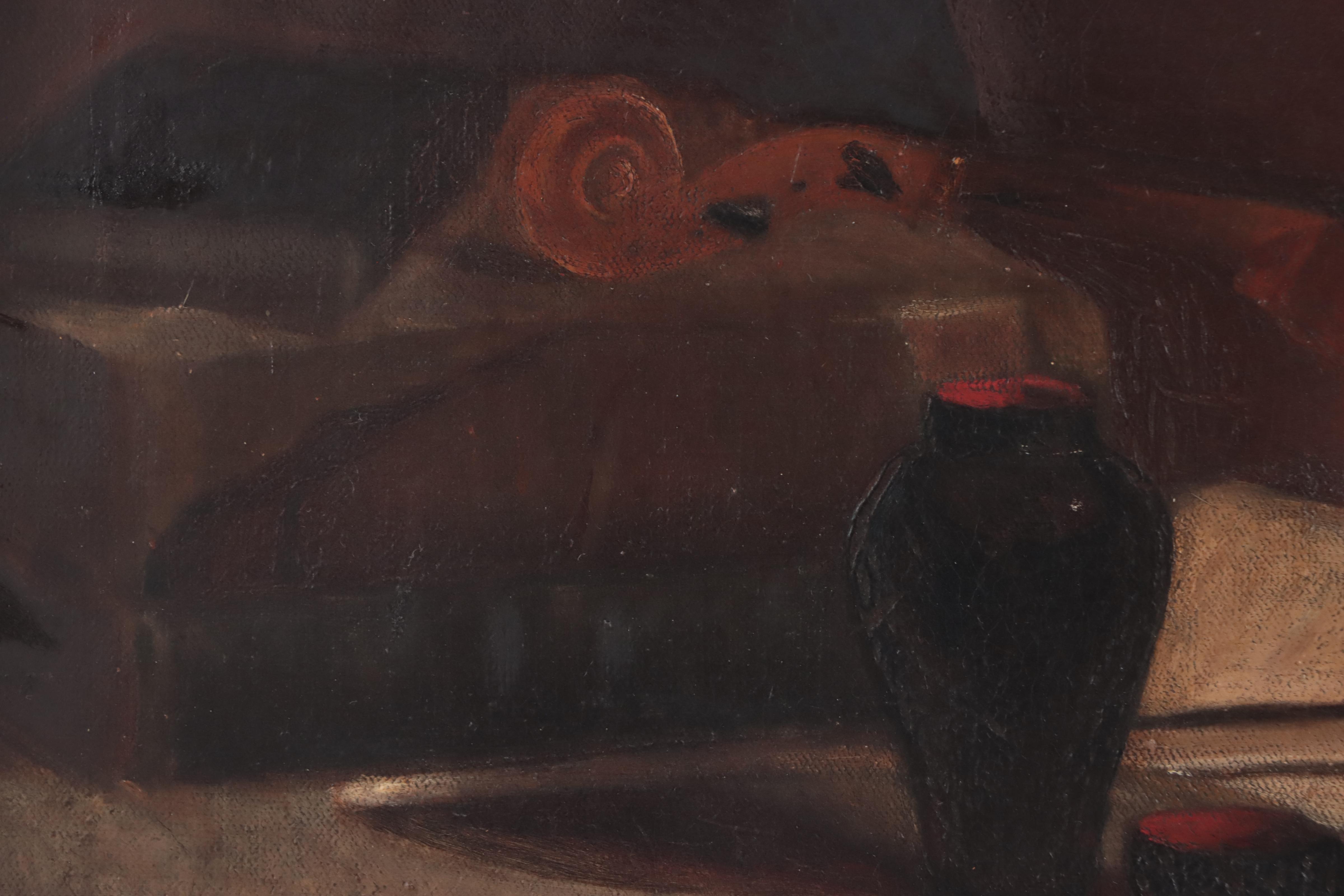 Anna B. Martin Still Life Oil Painting of Vessels and Violin, Late 19th Century