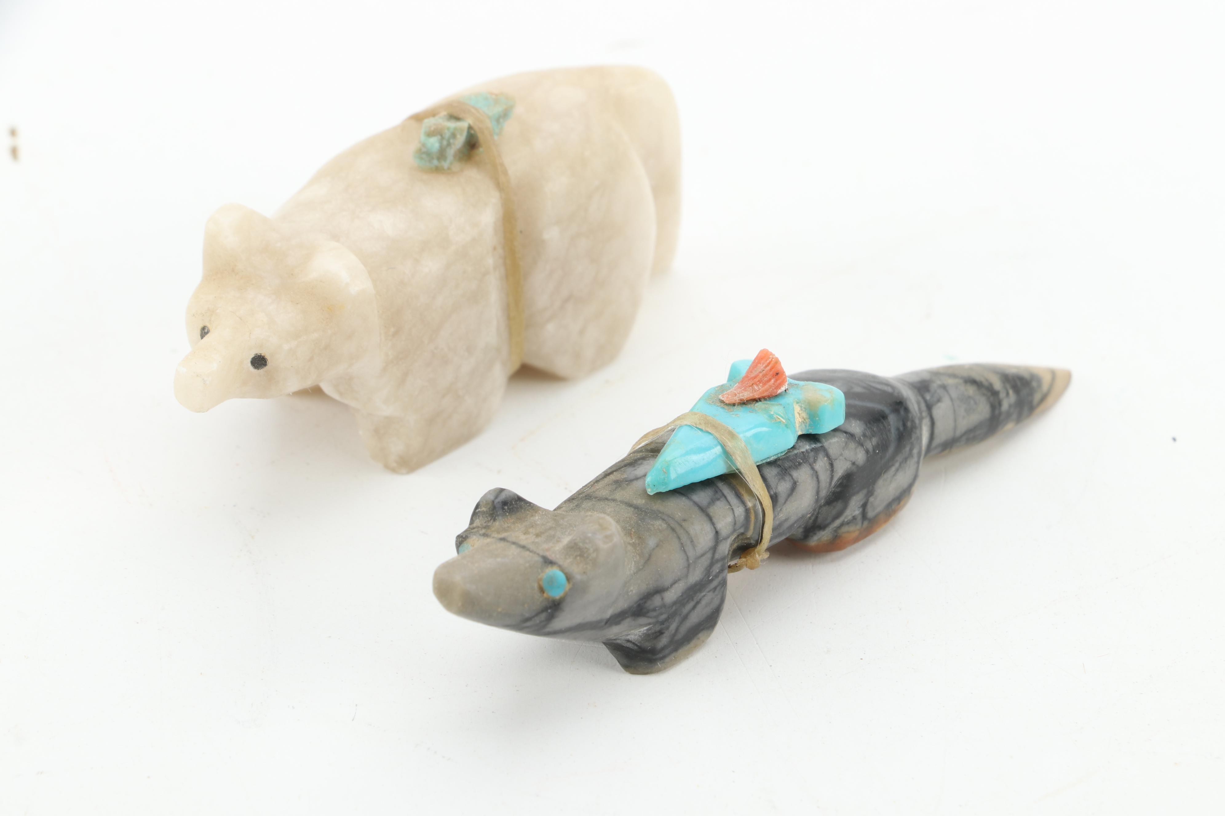 Darren Boone (Zuni) Fetish Bear with Other Stone and Coral Fetishes
