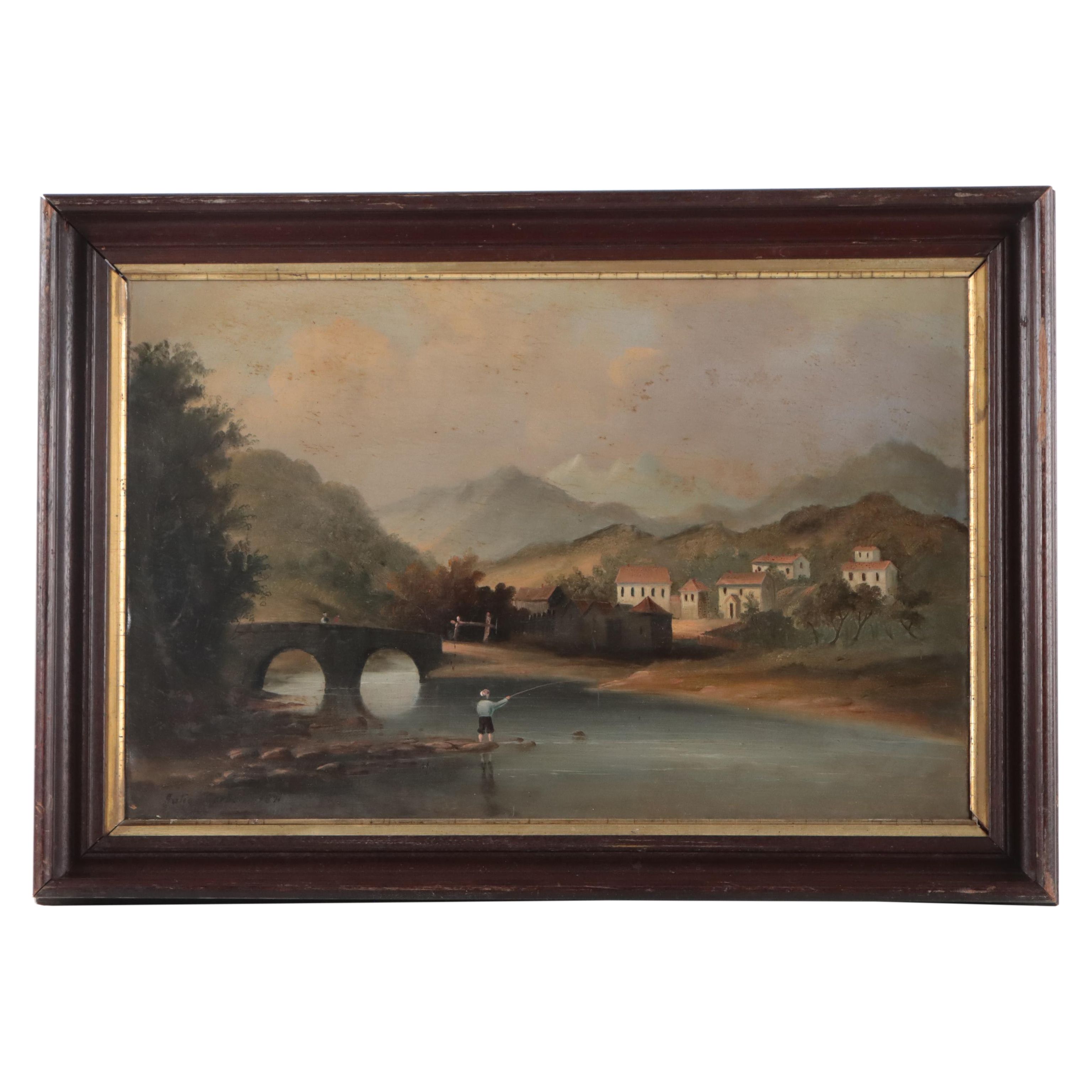 Julia Garbon Landscape Oil Painting of Village, 1871