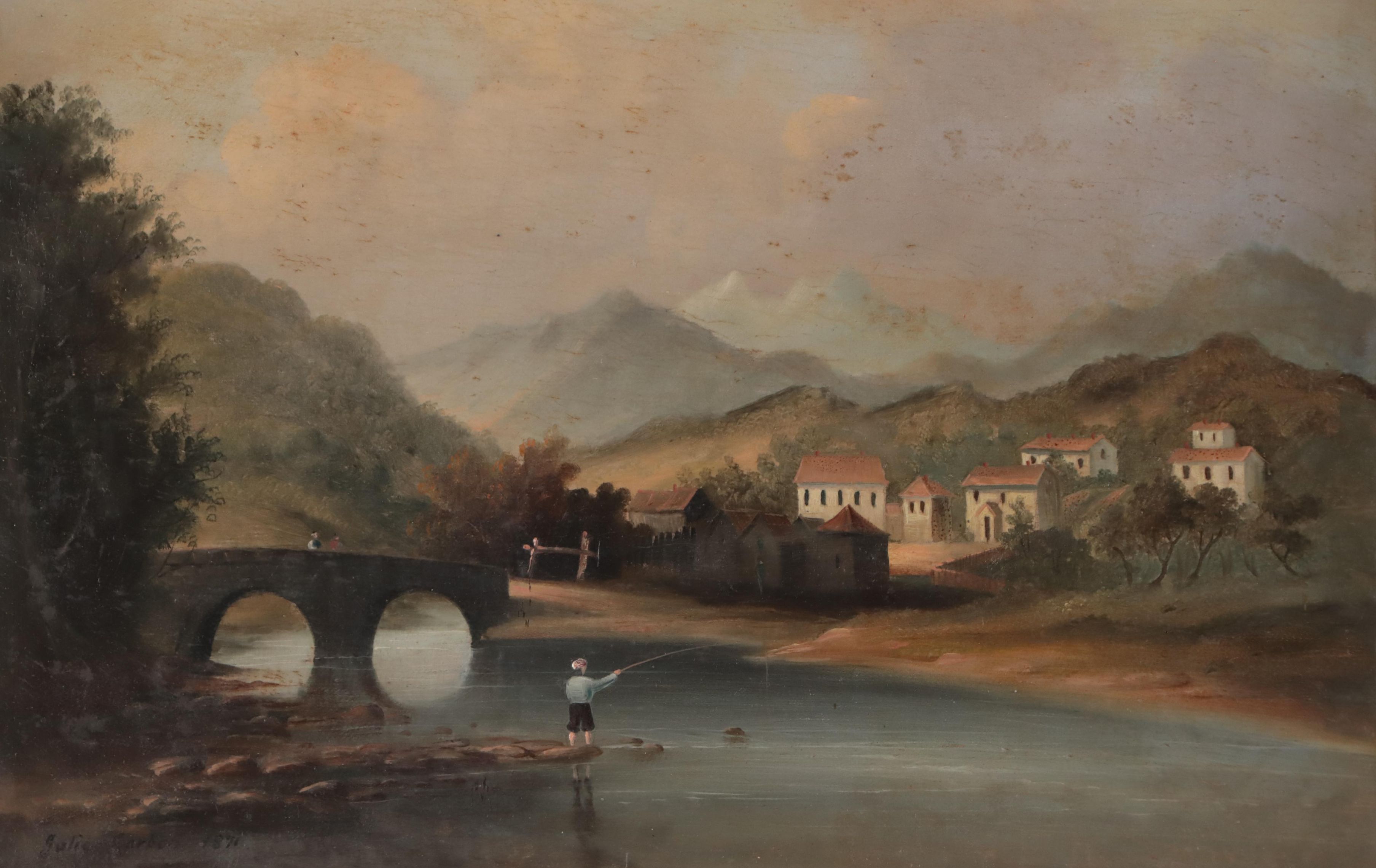Julia Garbon Landscape Oil Painting of Village, 1871
