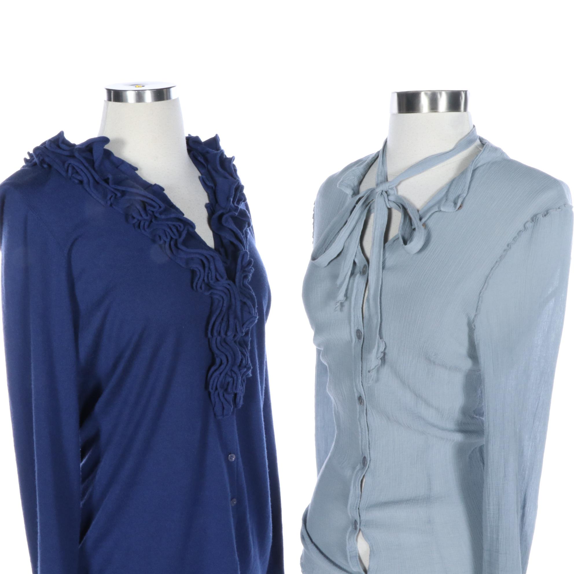 Boss Hugo Boss Tie Blouse in Gauze and Ruffle Cardigan Sweater