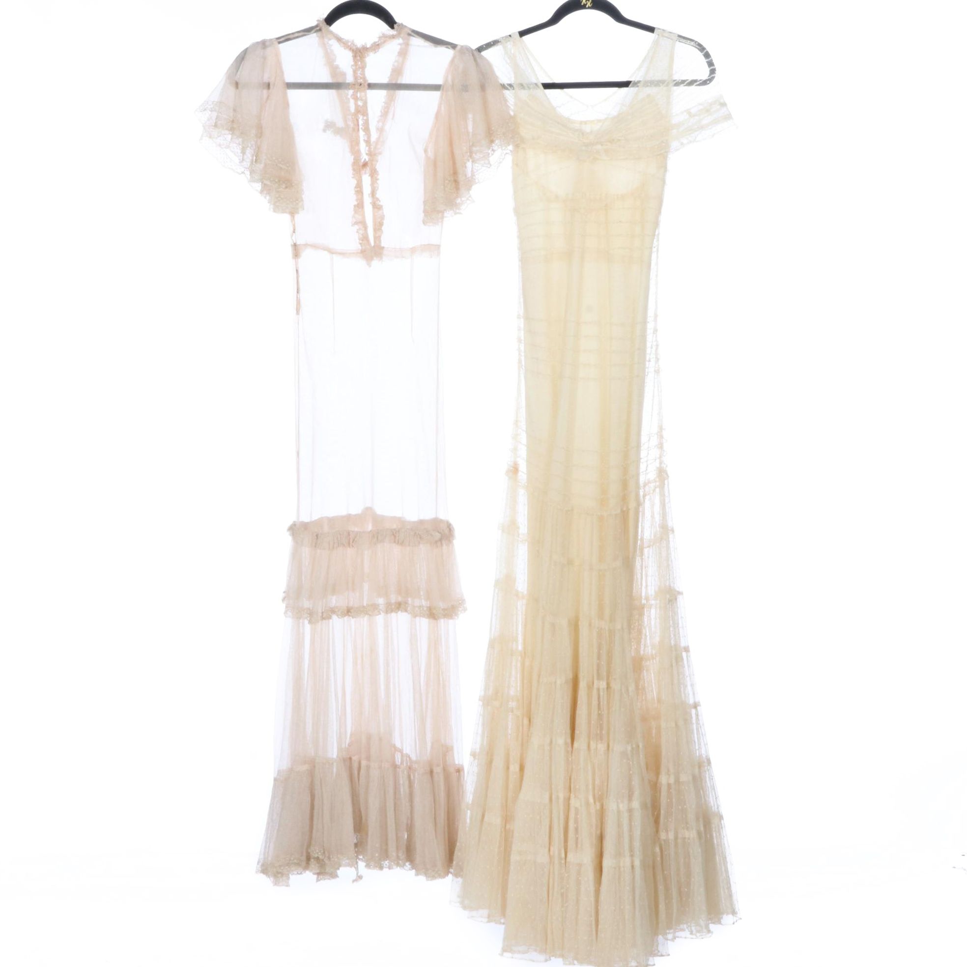 Fitted and Dropped Waist Sheer Lace Mesh Tiered Overdresses, circa 1930