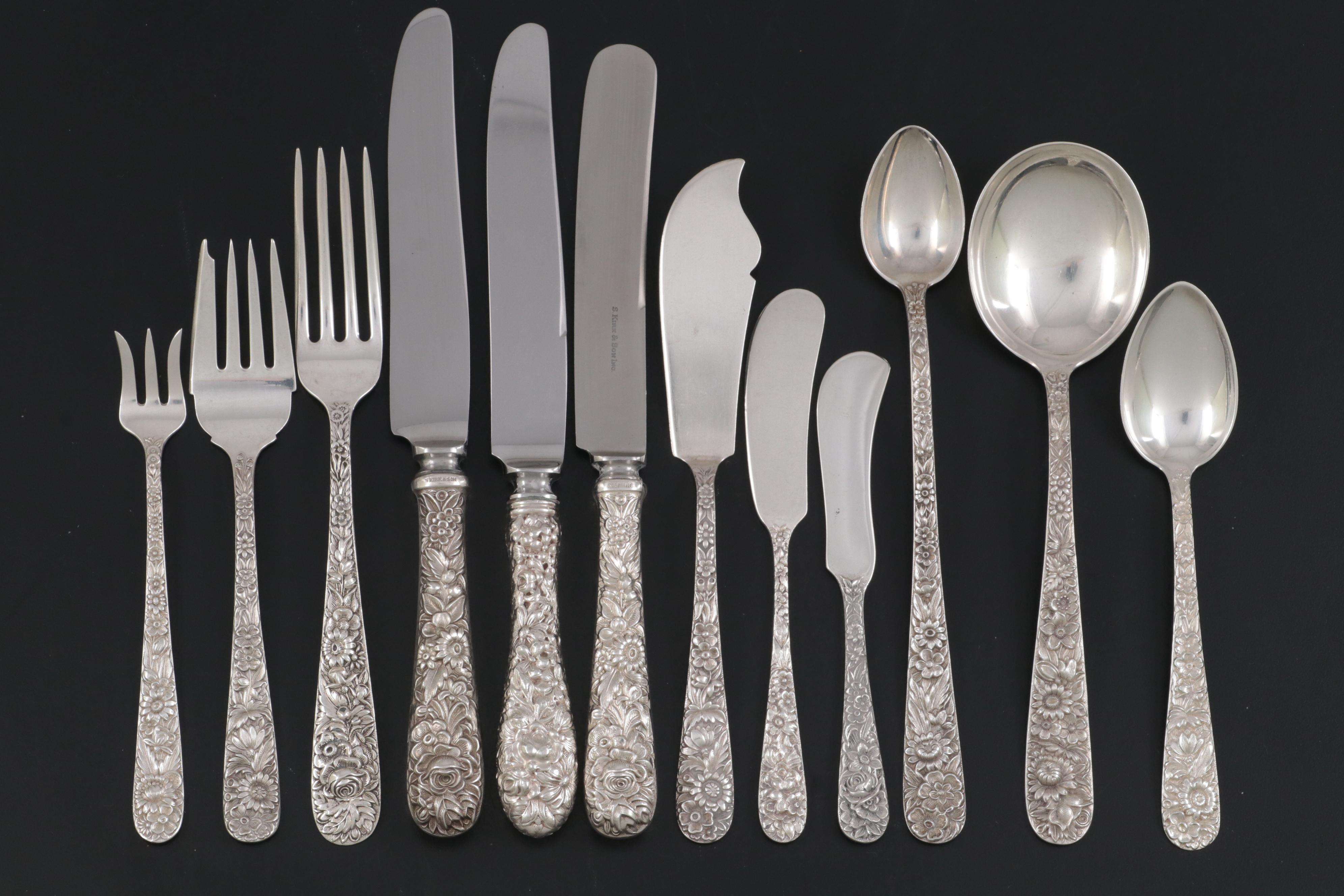 S. Kirk & Son "Repousse" Sterling Silver Flatware with Other Silver Utensils