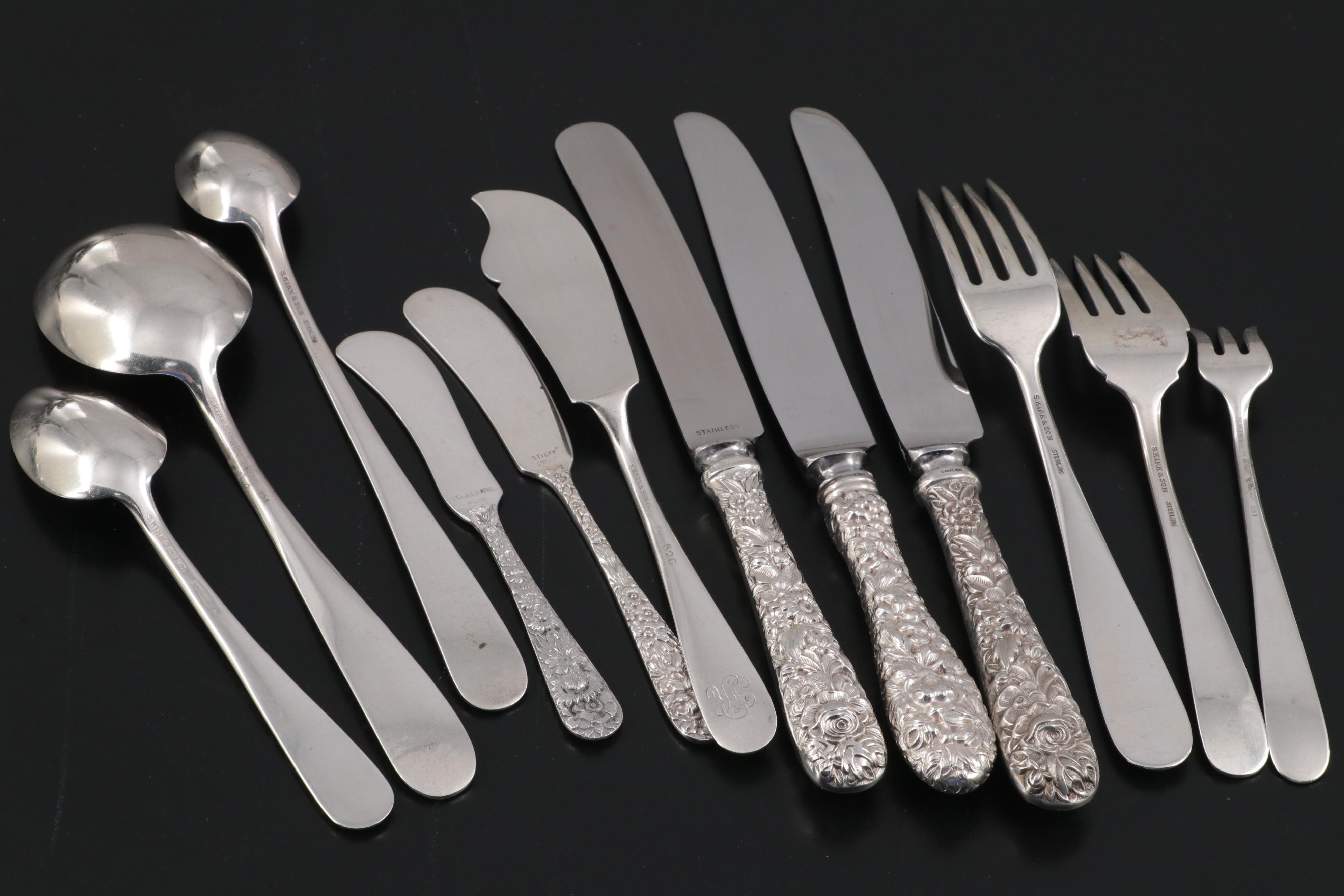S. Kirk & Son "Repousse" Sterling Silver Flatware with Other Silver Utensils