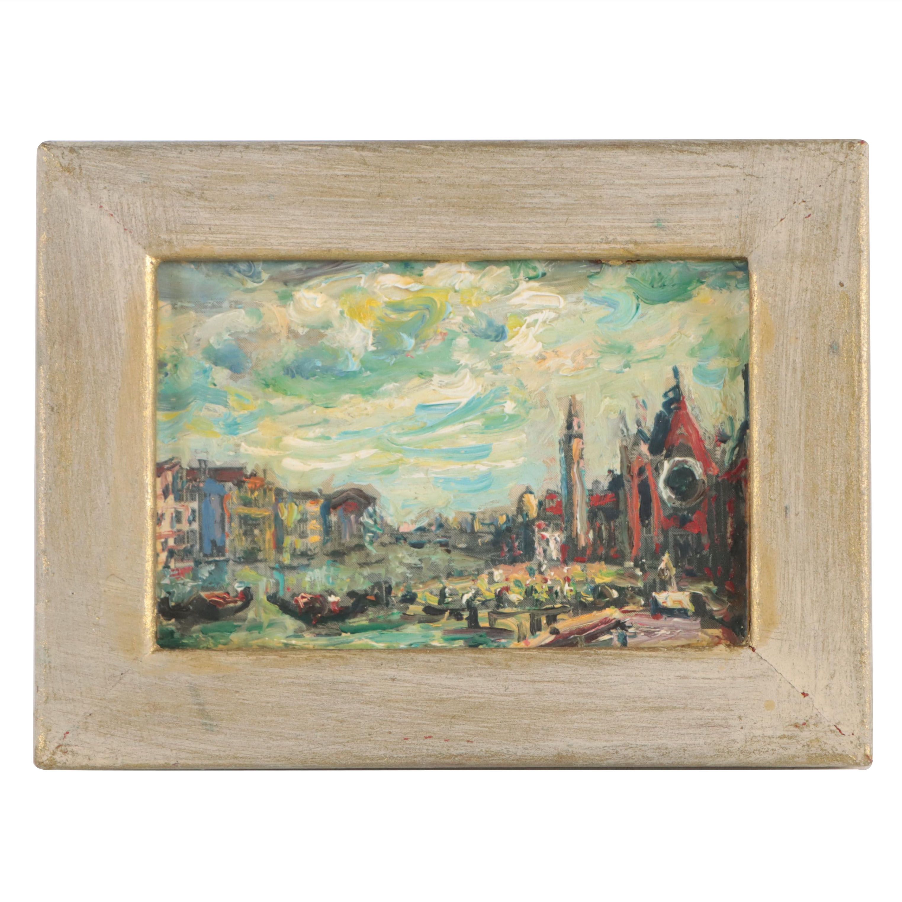 Impressionist Style Miniature Oil Painting of Venetian Canal Scene