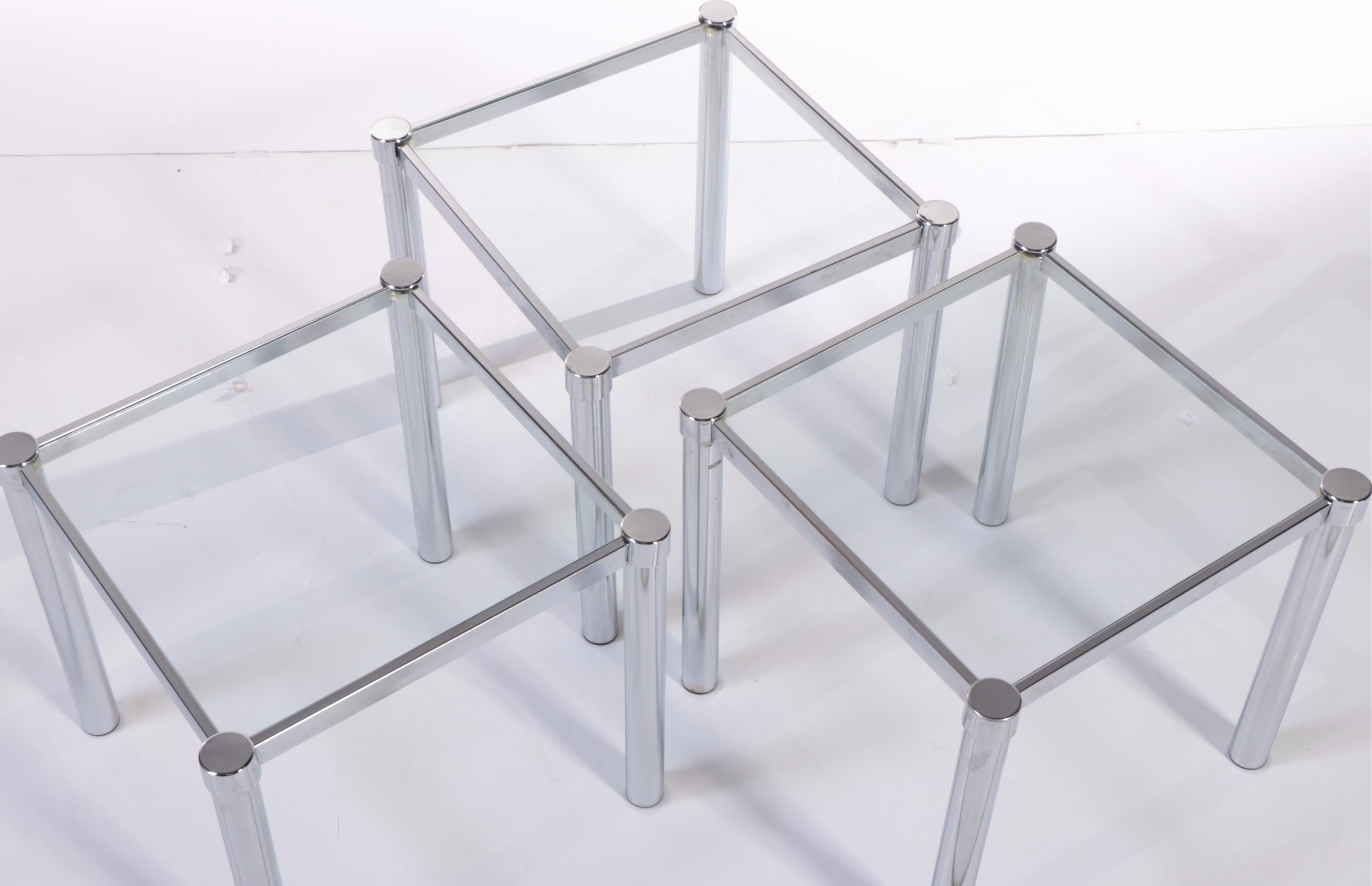 Three Modernist Chromed Metal and Glass Side Tables, Late 20th Century