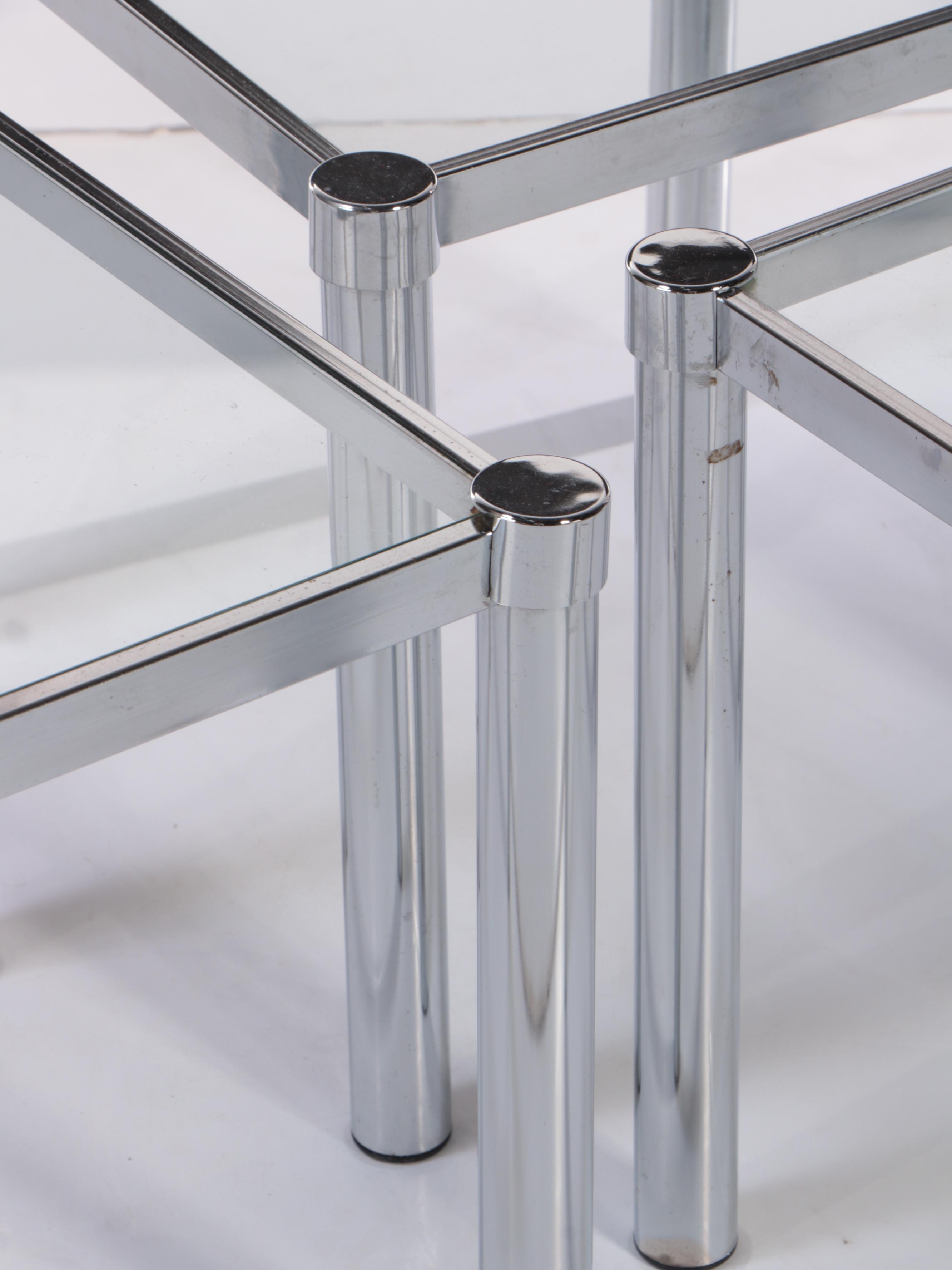 Three Modernist Chromed Metal and Glass Side Tables, Late 20th Century