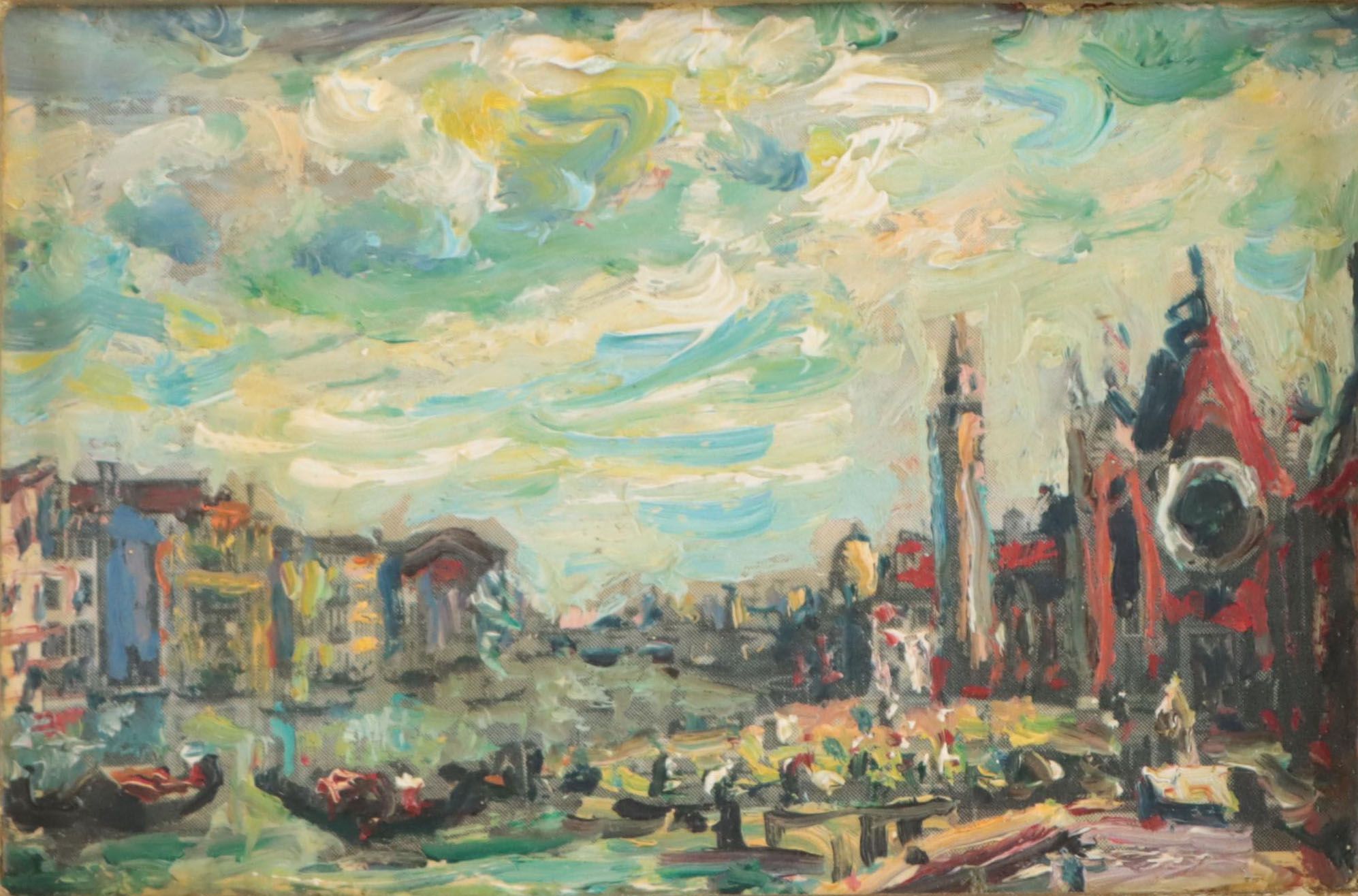 Impressionist Style Miniature Oil Painting of Venetian Canal Scene
