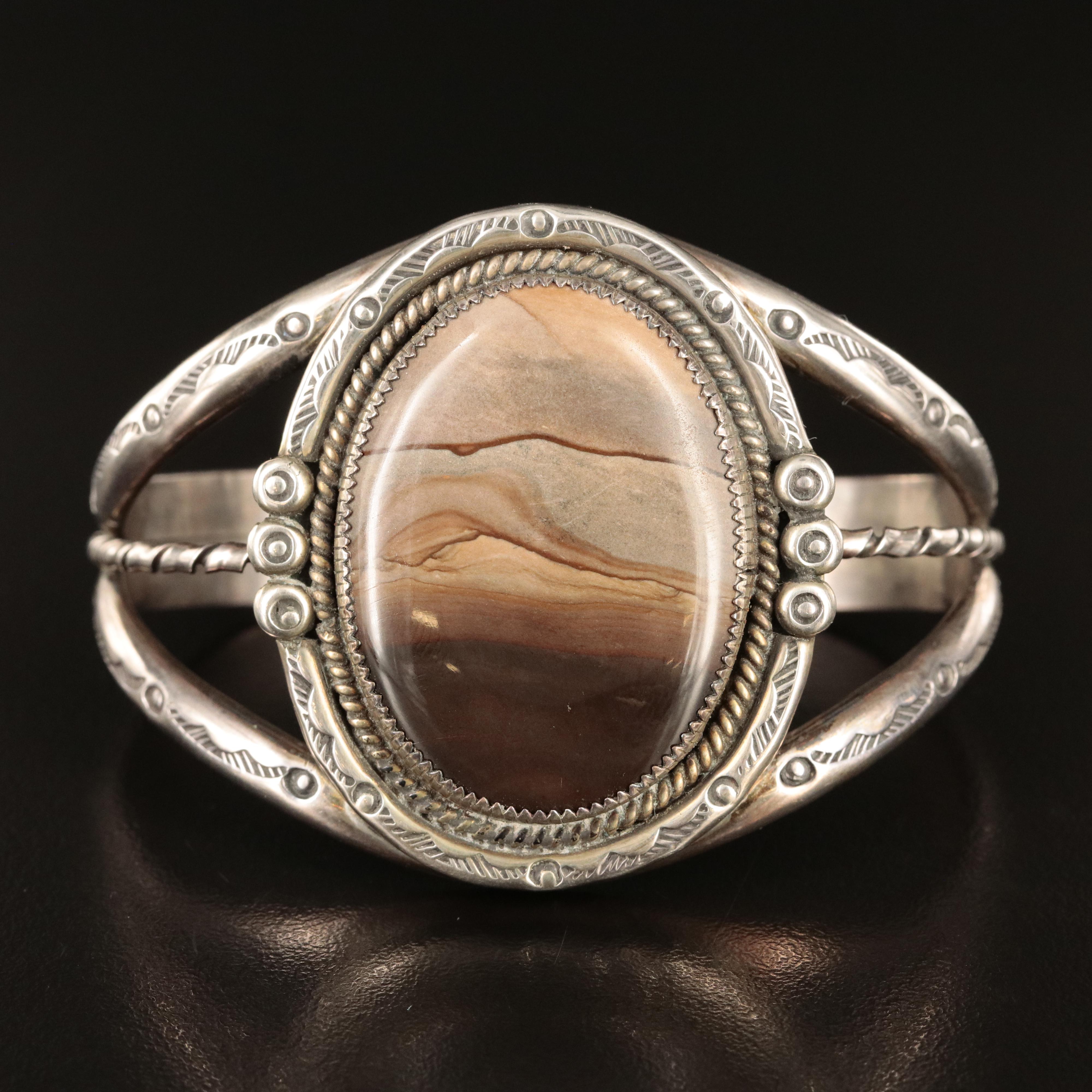 Southwestern Sterling Landscape Jasper Cuff with Stampwork Details