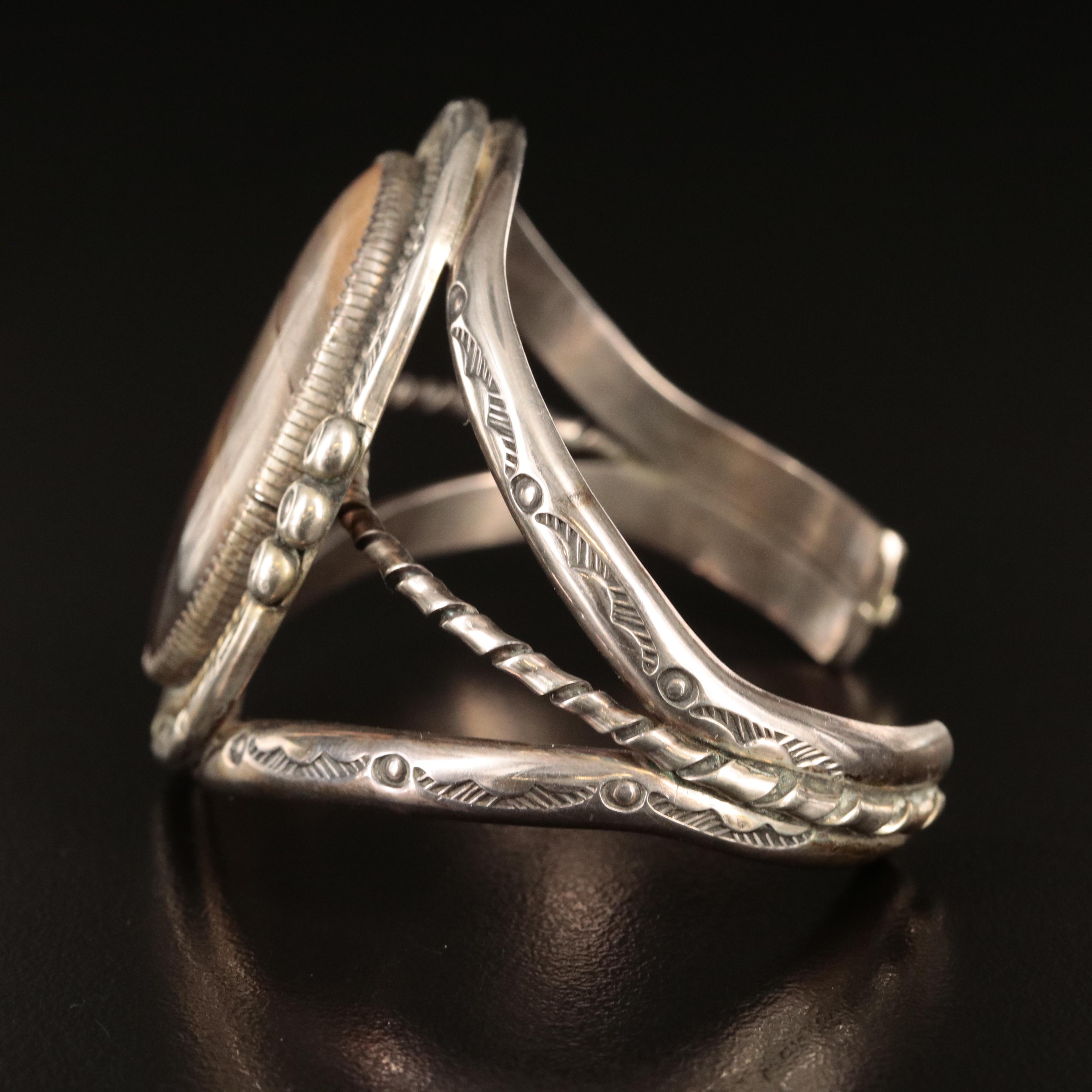 Southwestern Sterling Landscape Jasper Cuff with Stampwork Details