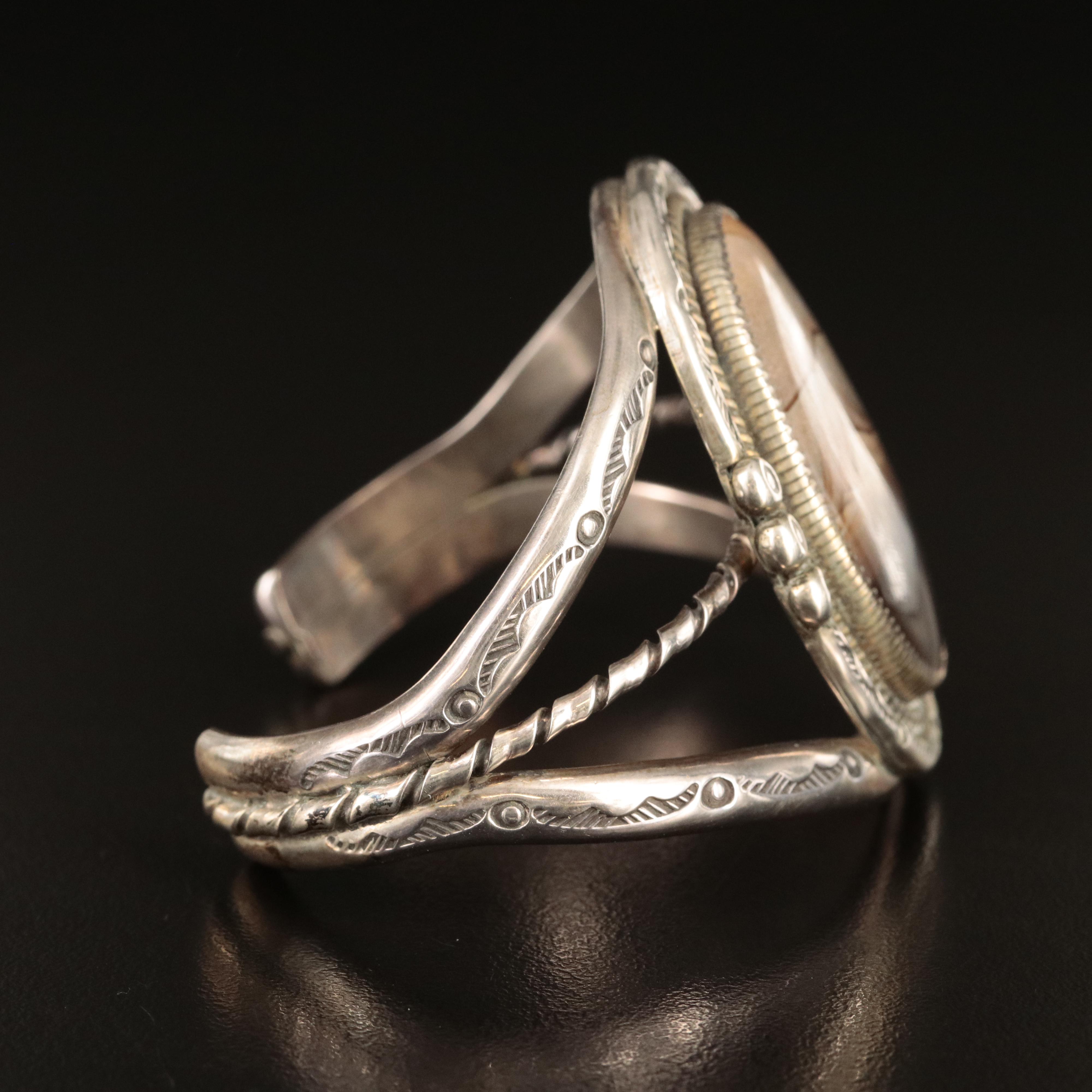 Southwestern Sterling Landscape Jasper Cuff with Stampwork Details