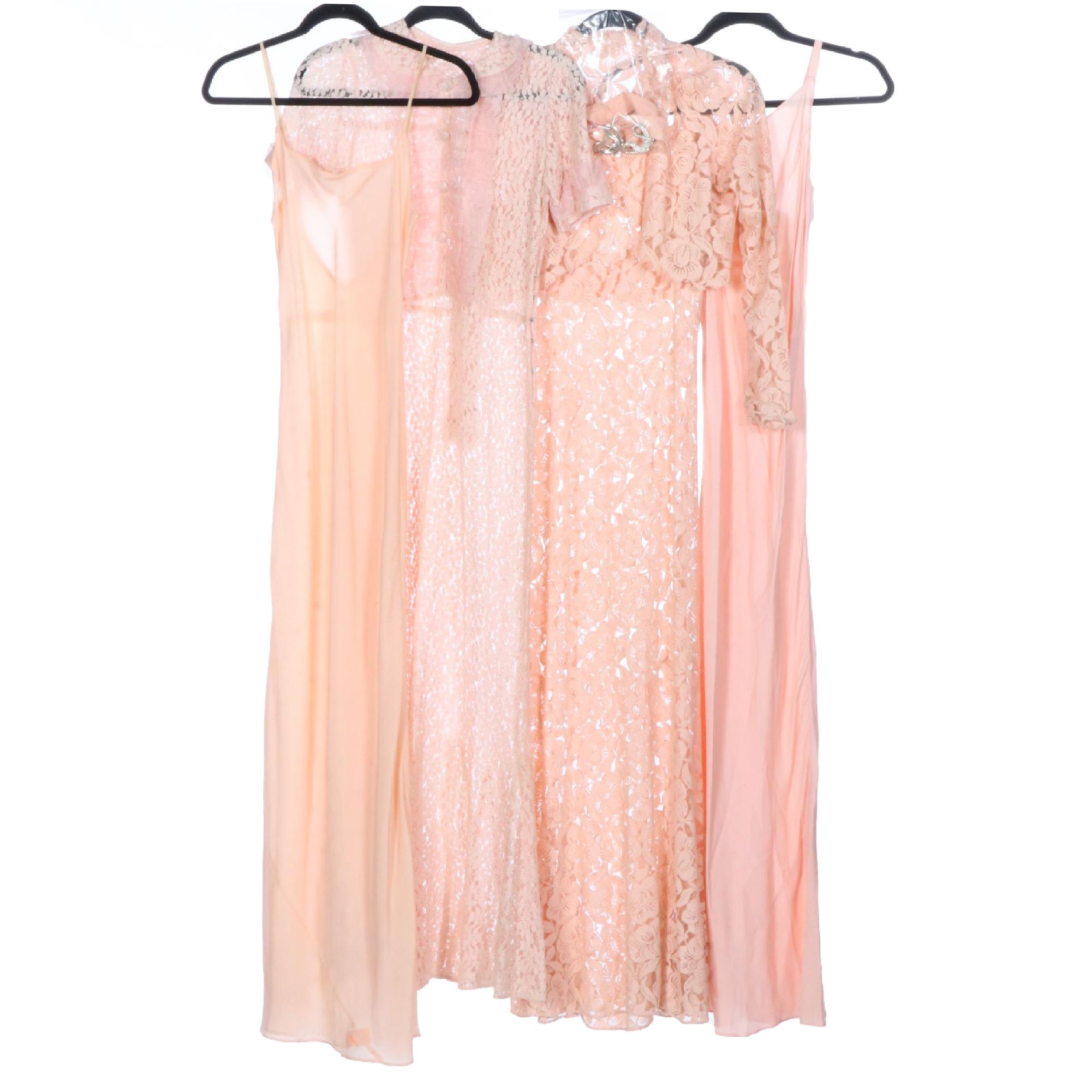 Bias Cut Slip Dresses with Fitted Lace Overdresses, 1930s