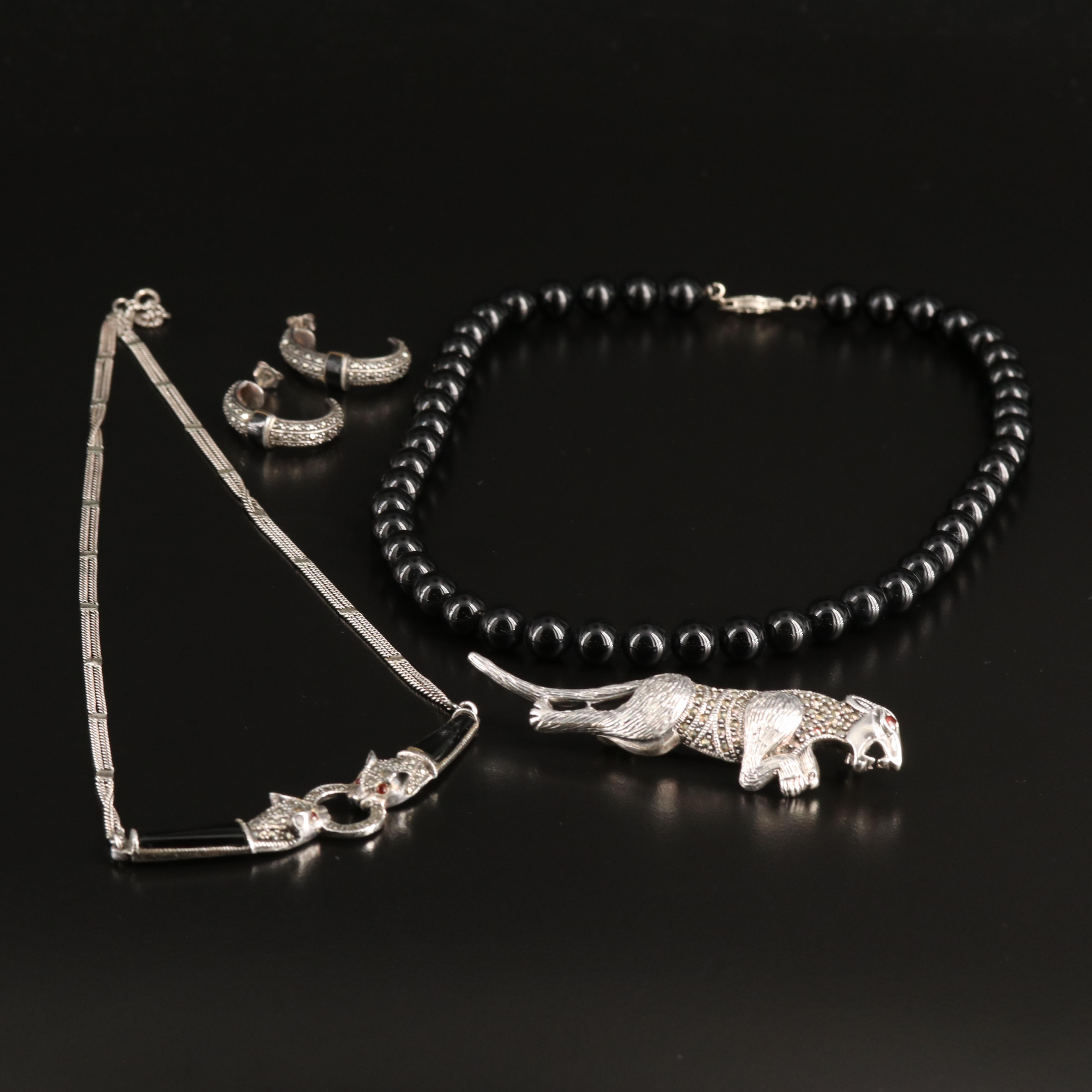 Sterling Black Onyx, Marcasite and Garnet Jewelry