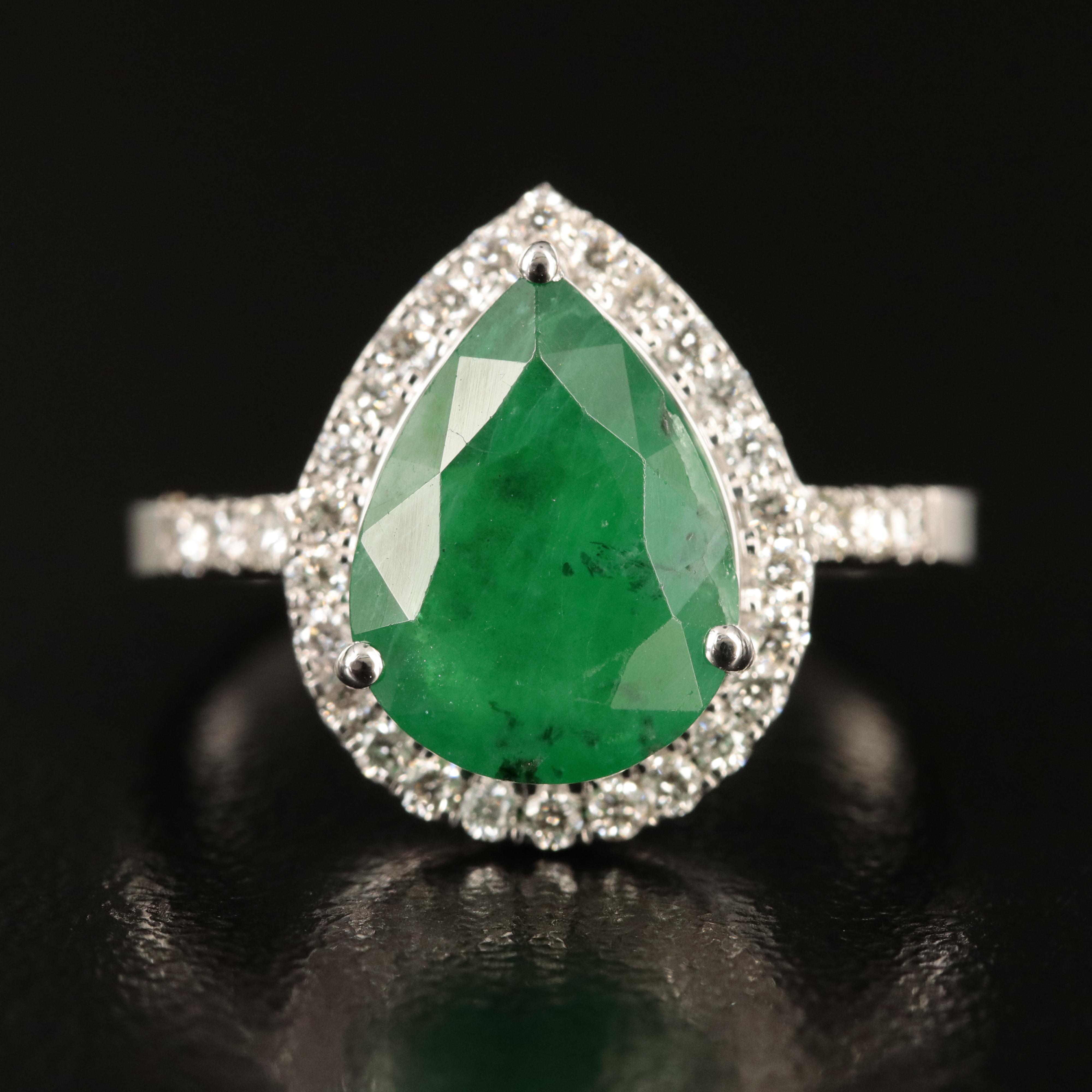 18K 3.14 CT Emerald and Diamond Teardrop Ring