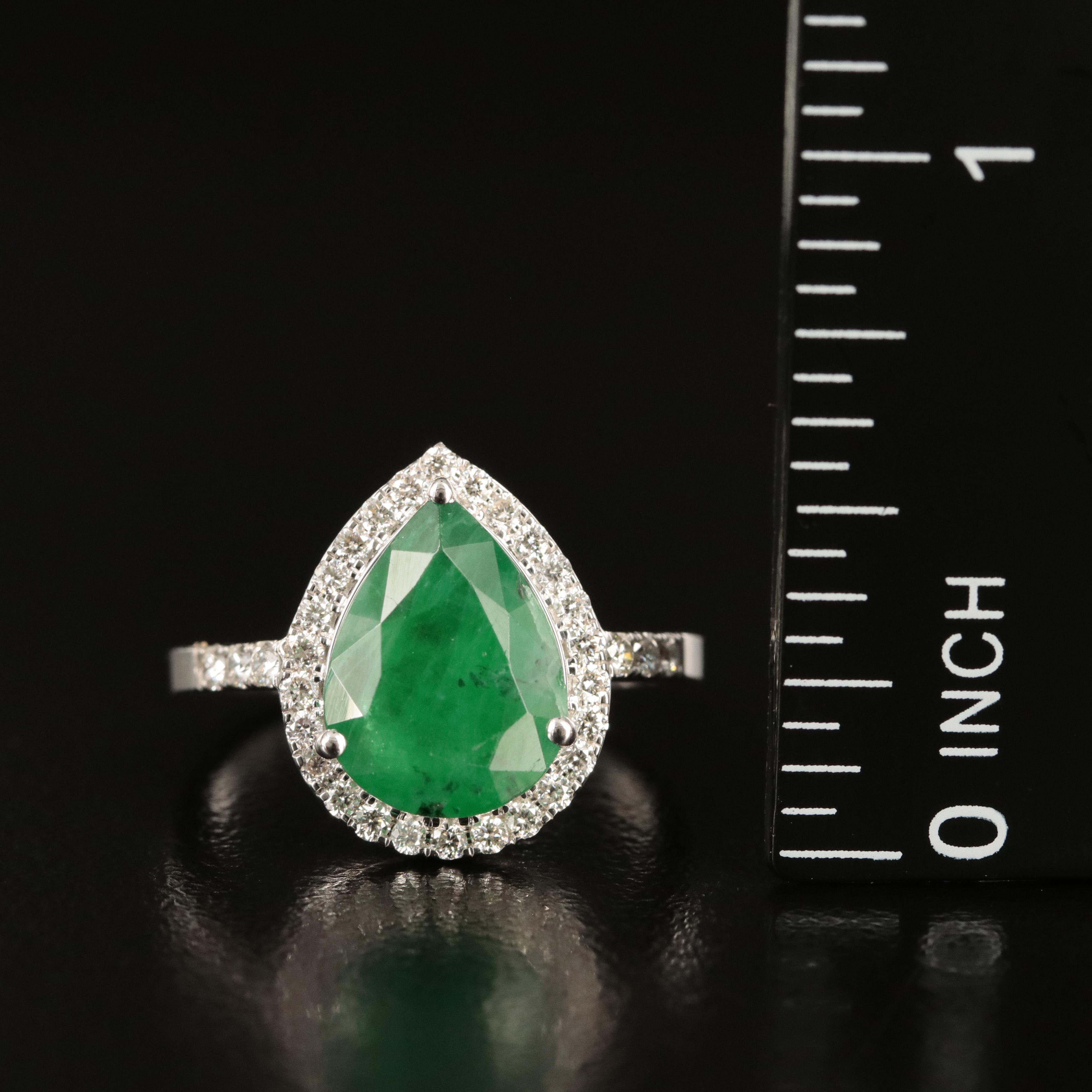 18K 3.14 CT Emerald and Diamond Teardrop Ring