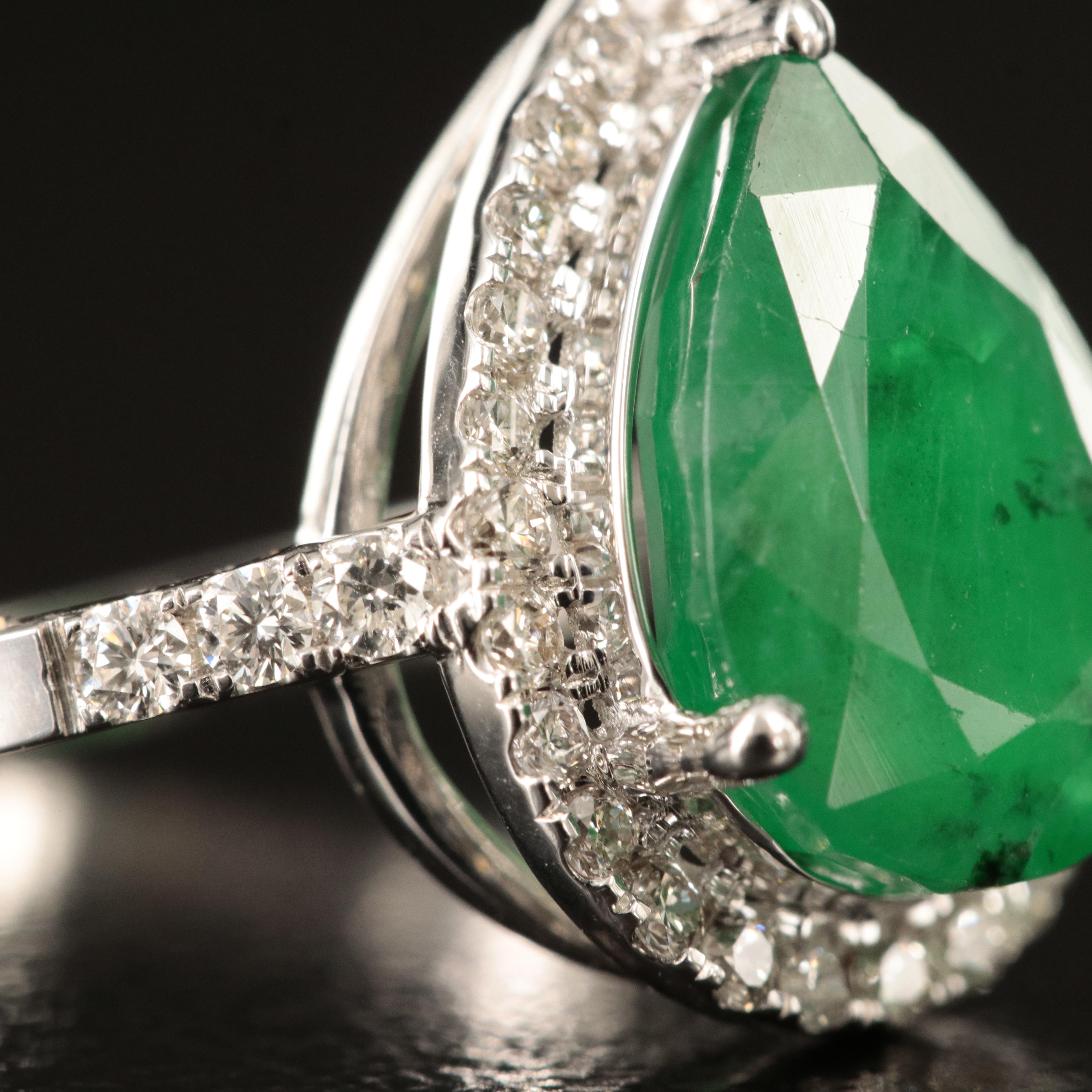 18K 3.14 CT Emerald and Diamond Teardrop Ring