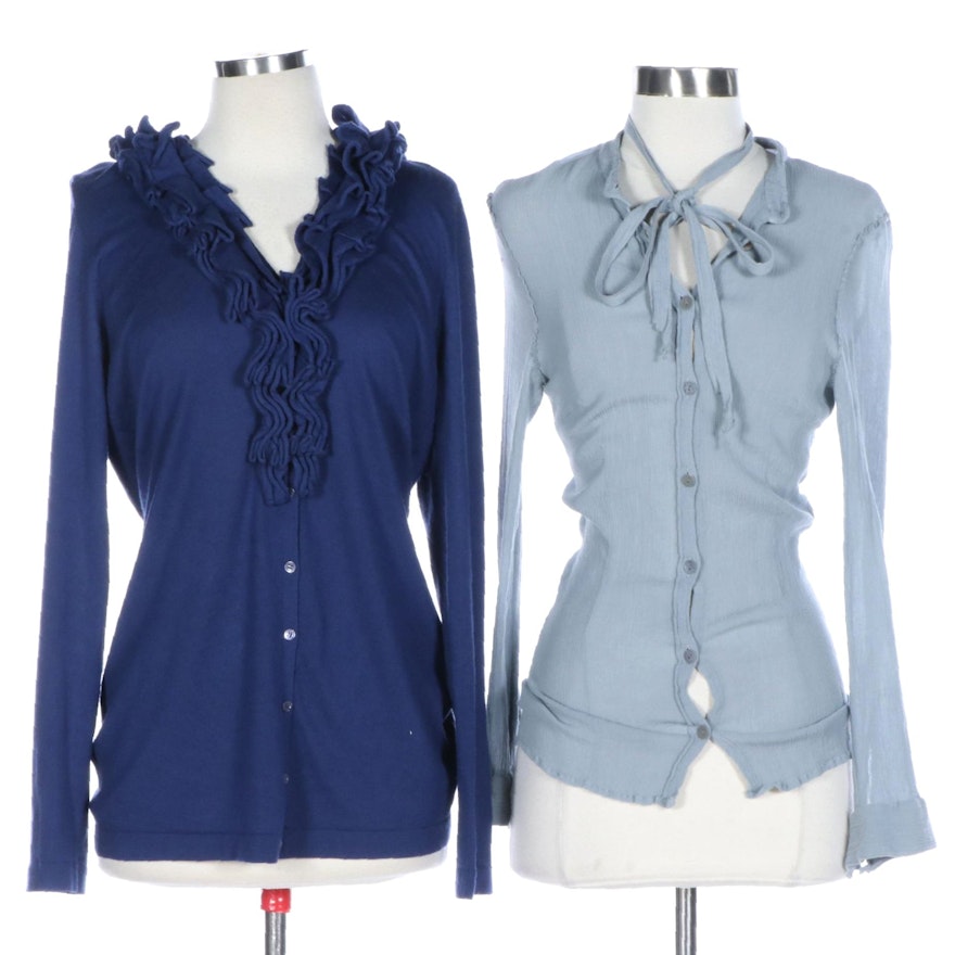 Boss Hugo Boss Tie Blouse in Gauze and Ruffle Cardigan Sweater