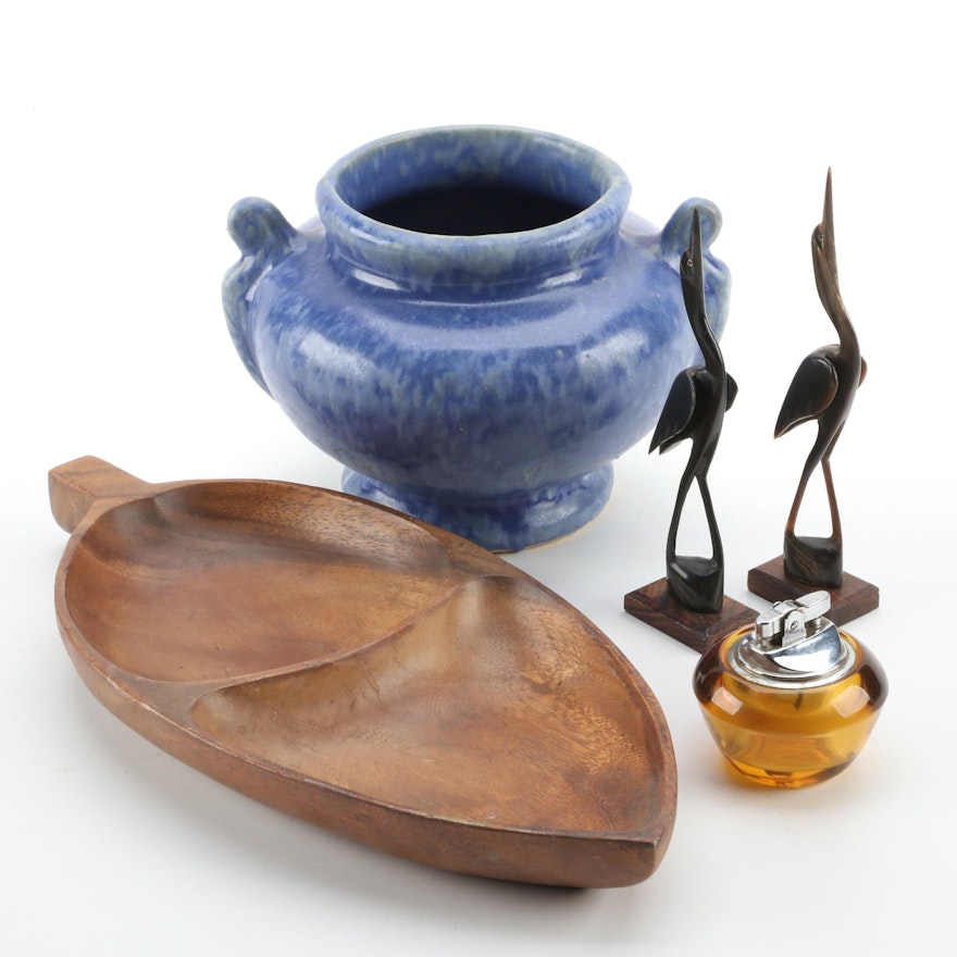 Assorted Décor Including Glass Table Lighter, Ceramic Vase and Wooden Tray