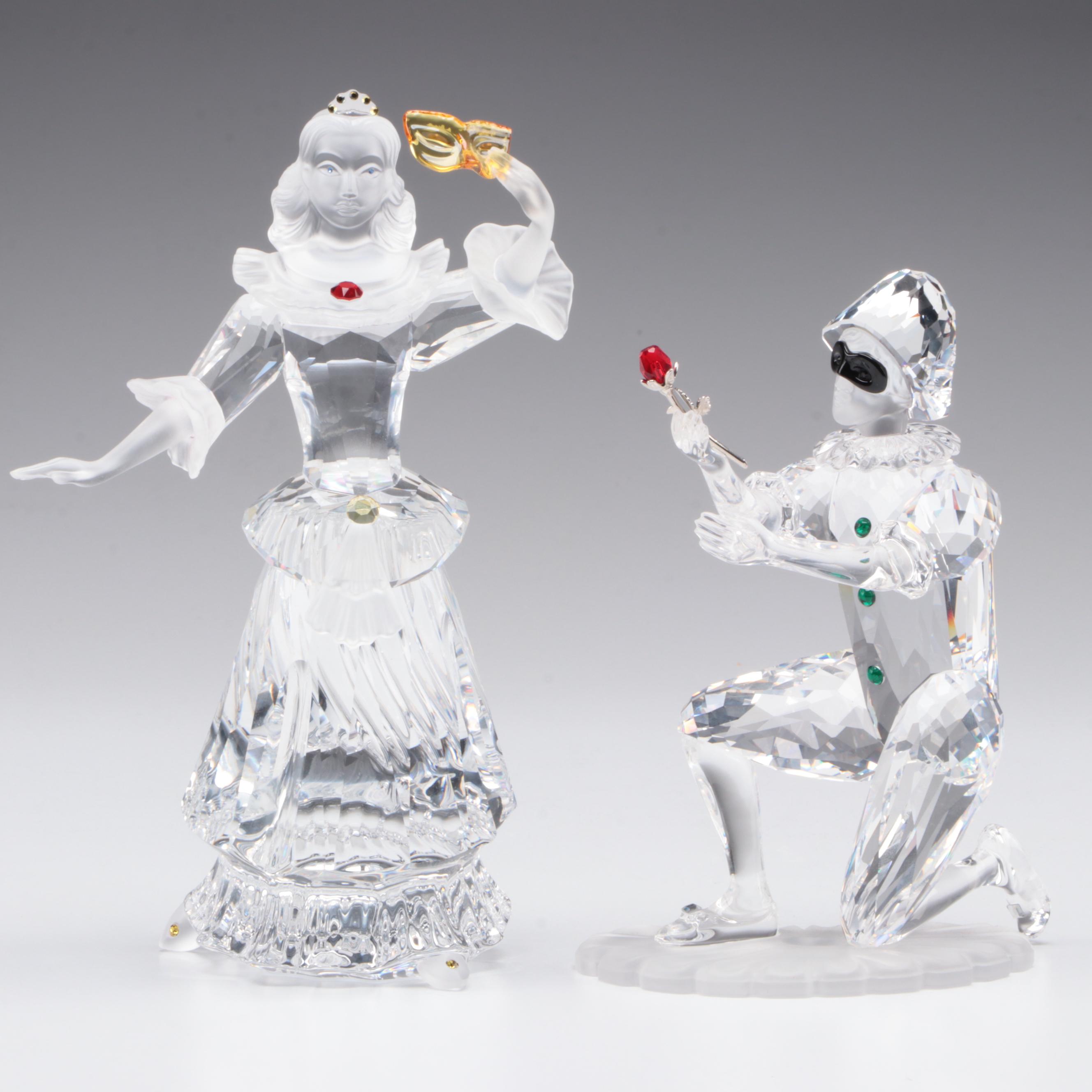 Swarovski Crystal 2000 and 2001 Masquerade Columbine and Harlequin Figurines