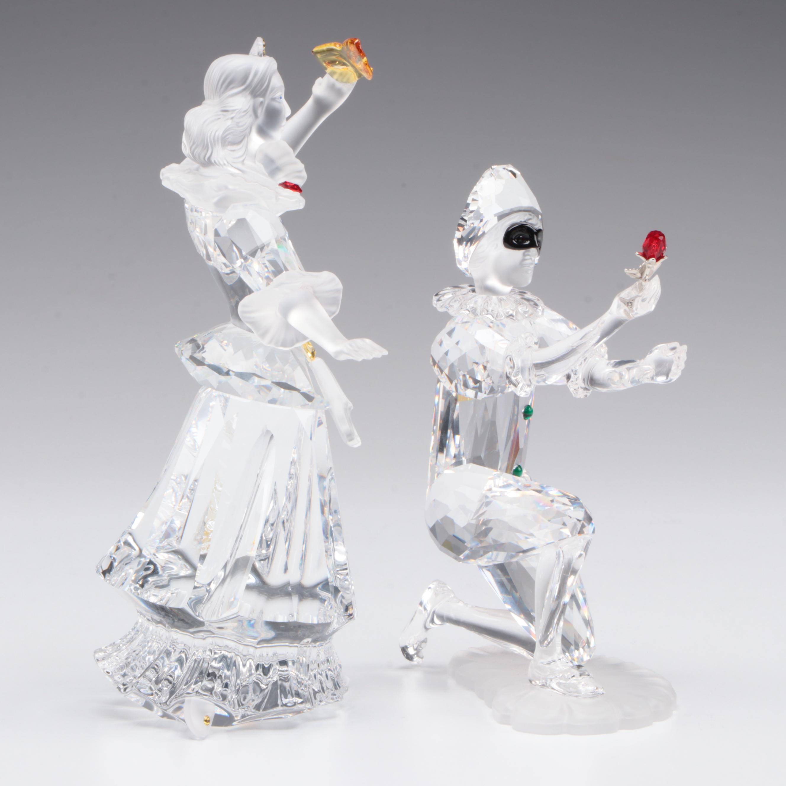 Swarovski Crystal 2000 and 2001 Masquerade Columbine and Harlequin Figurines