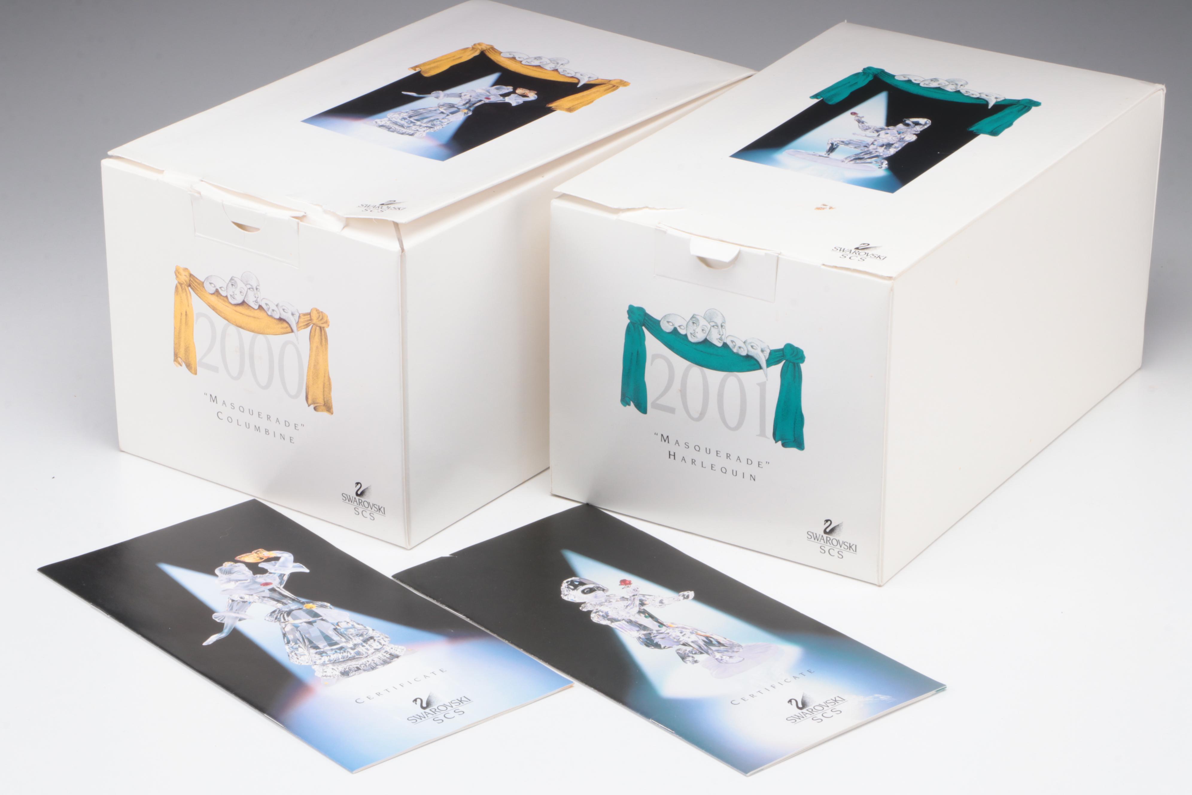 Swarovski Crystal 2000 and 2001 Masquerade Columbine and Harlequin Figurines
