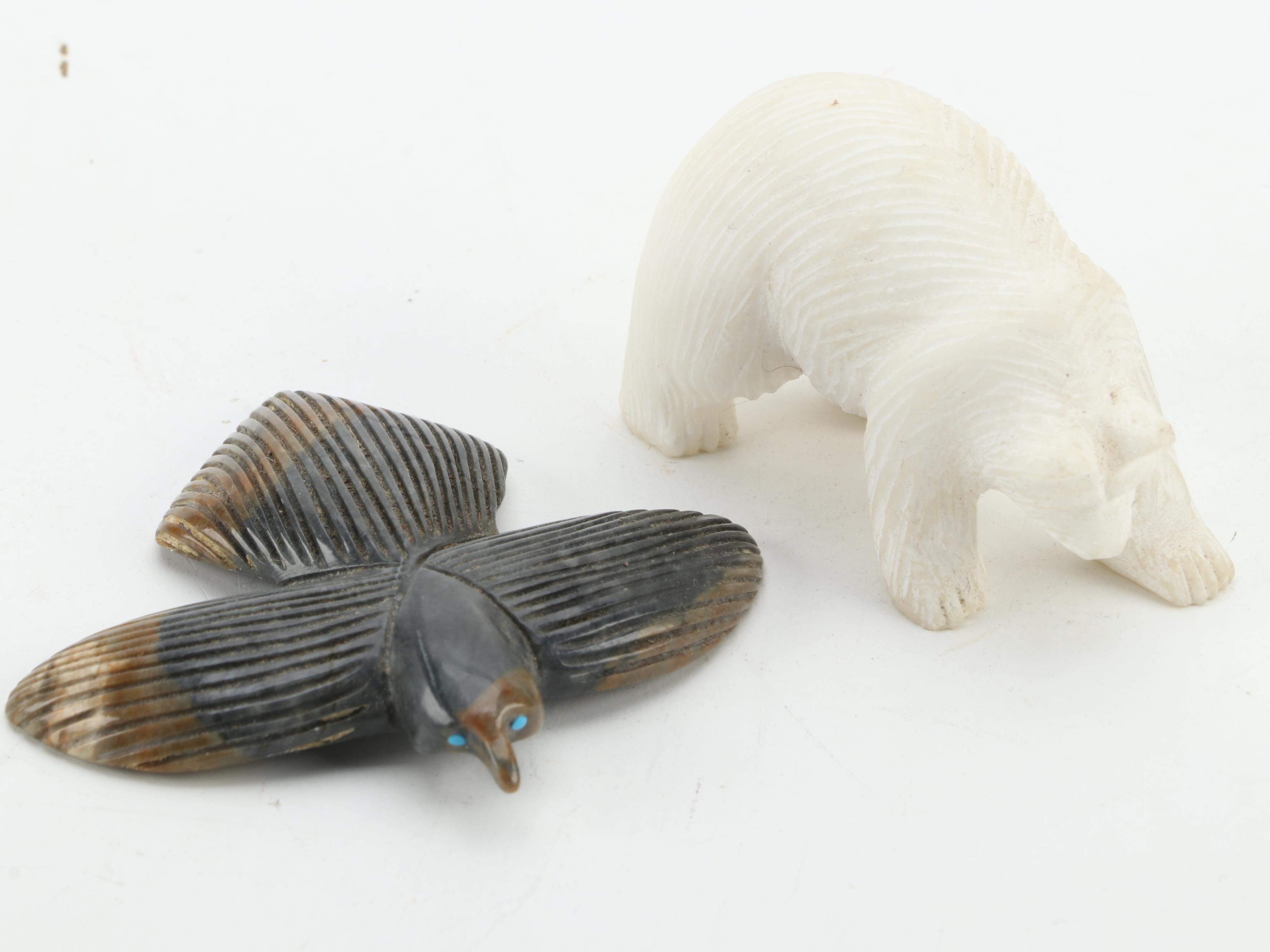 Zuni and Other Hand-Carved Fetishes in Picasso Stone, Marble, Soapstone