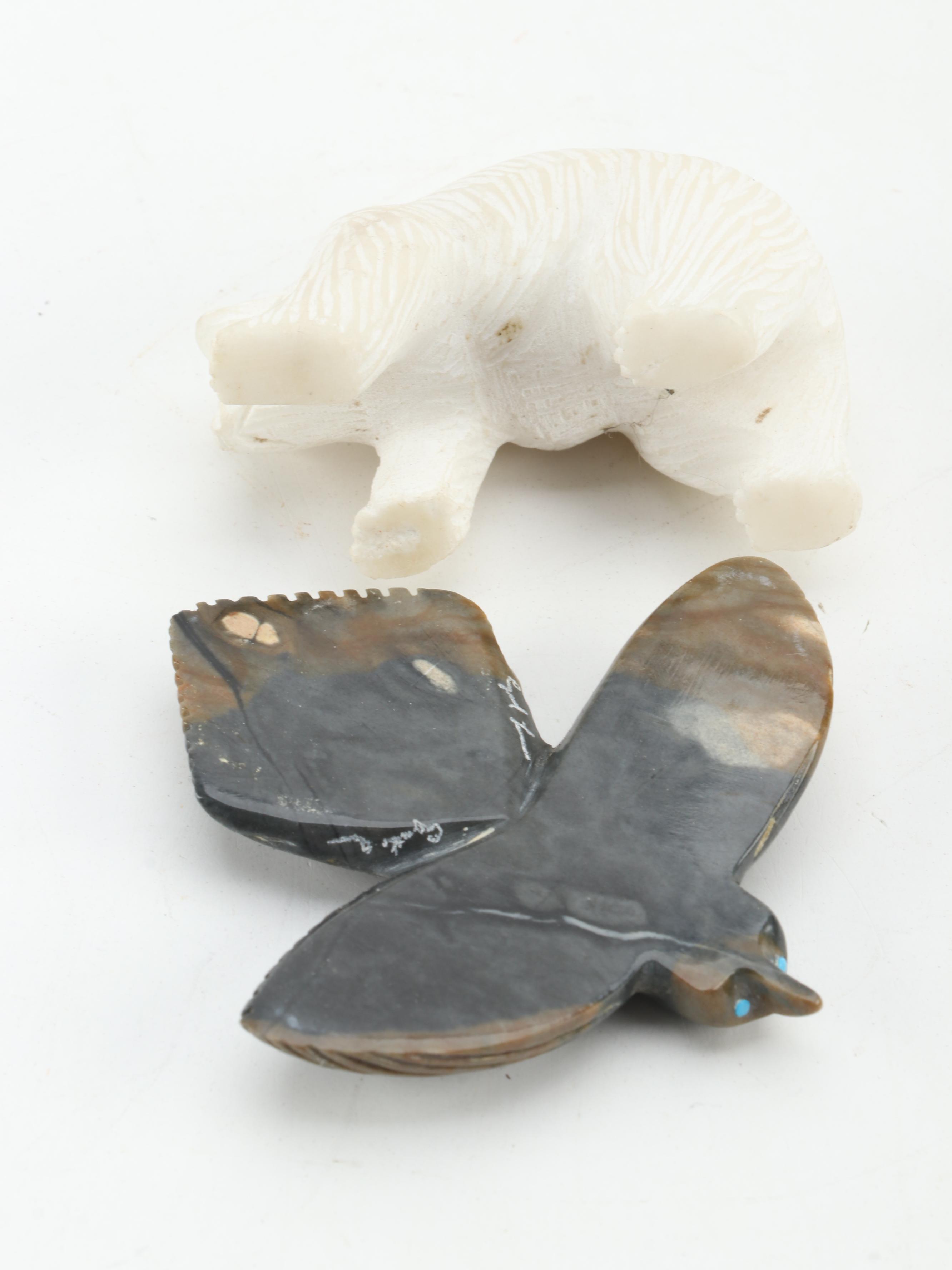 Zuni and Other Hand-Carved Fetishes in Picasso Stone, Marble, Soapstone