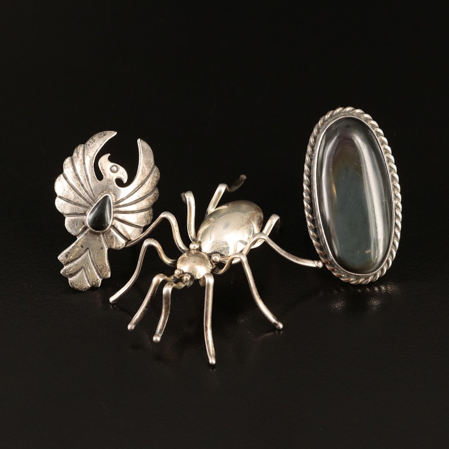 E. Spencer Navajo Diné Spider Brooch and Southwestern Signed Rings in Sterling
