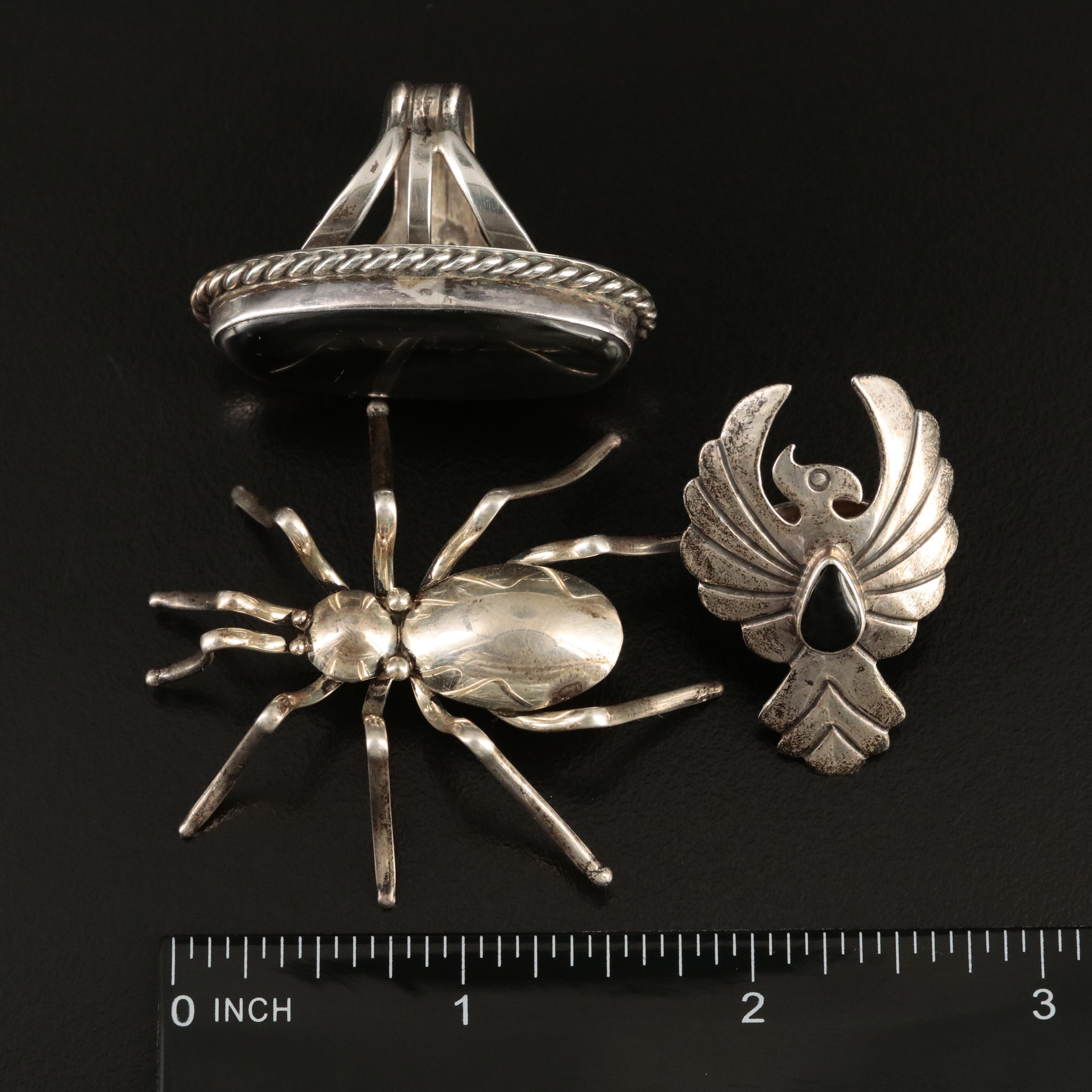 E. Spencer Navajo Diné Spider Brooch and Southwestern Signed Rings in Sterling