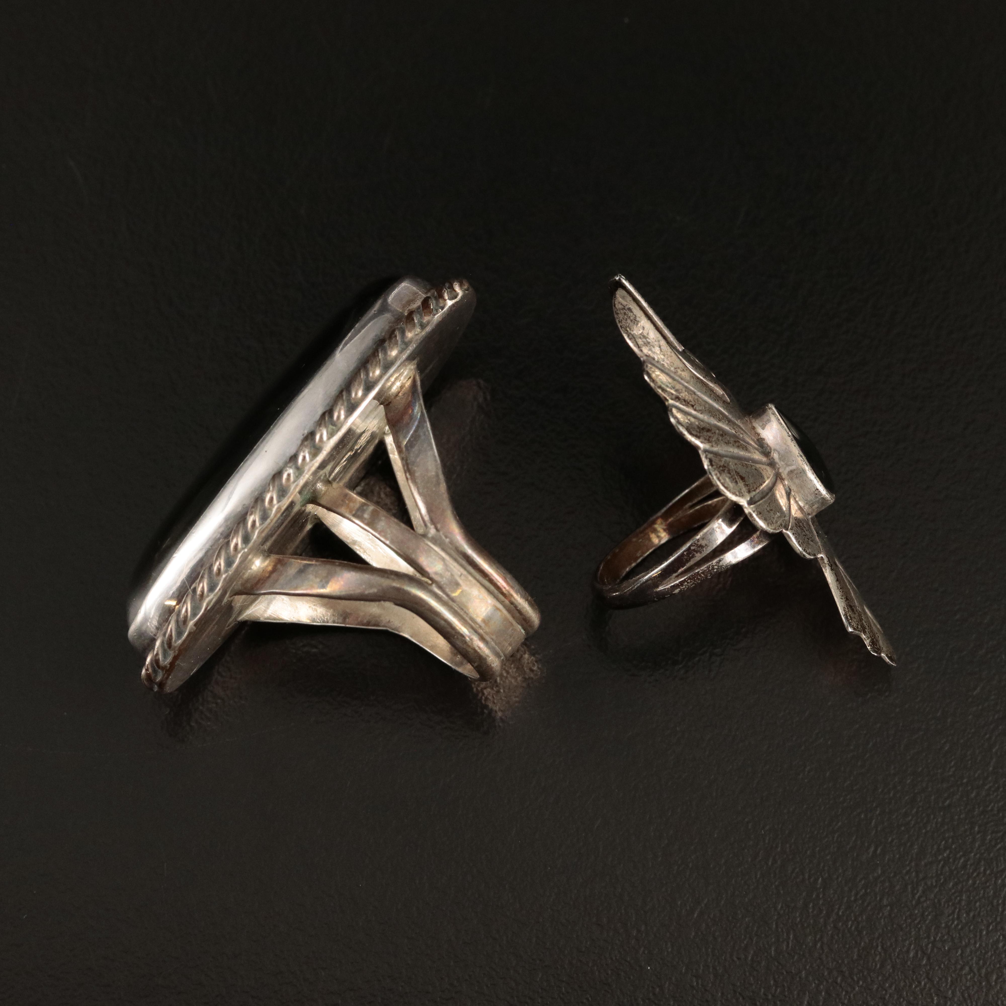 E. Spencer Navajo Diné Spider Brooch and Southwestern Signed Rings in Sterling